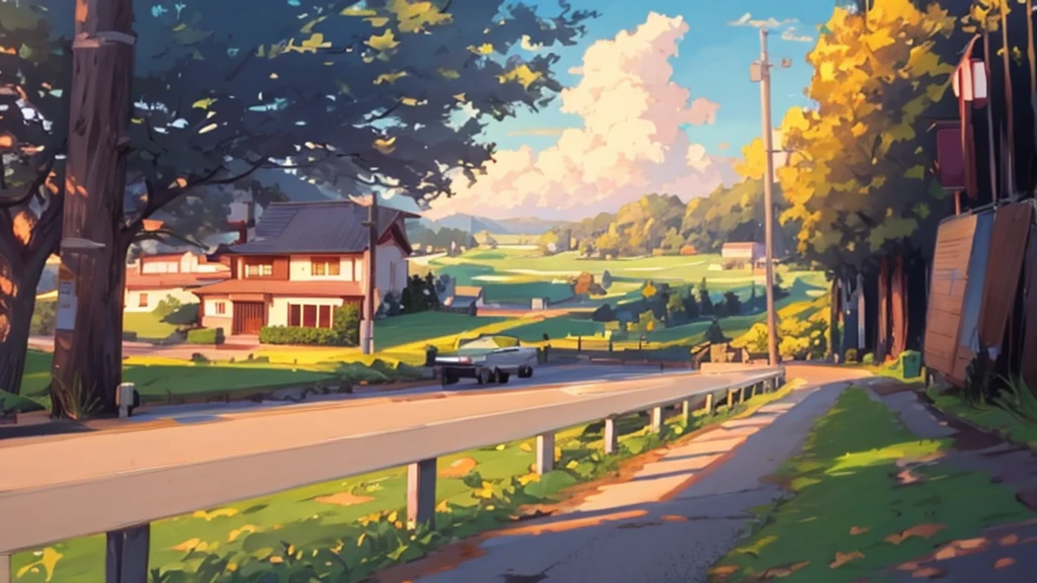 There is a photo of a road with a fence., car, and home., anime countryside scenery, beautiful , anime scenery, landscape artwork,I&#39;m studying Glibri