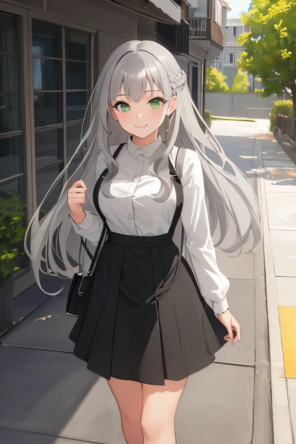 ultra-detailed, Masterpiece, top-quality, Top image quality, fullbody, ((((light gray hair)))), long hair, Beautiful green eyes, dye one's cheeks red, smile, teens girl, 16yo, cute, 8k