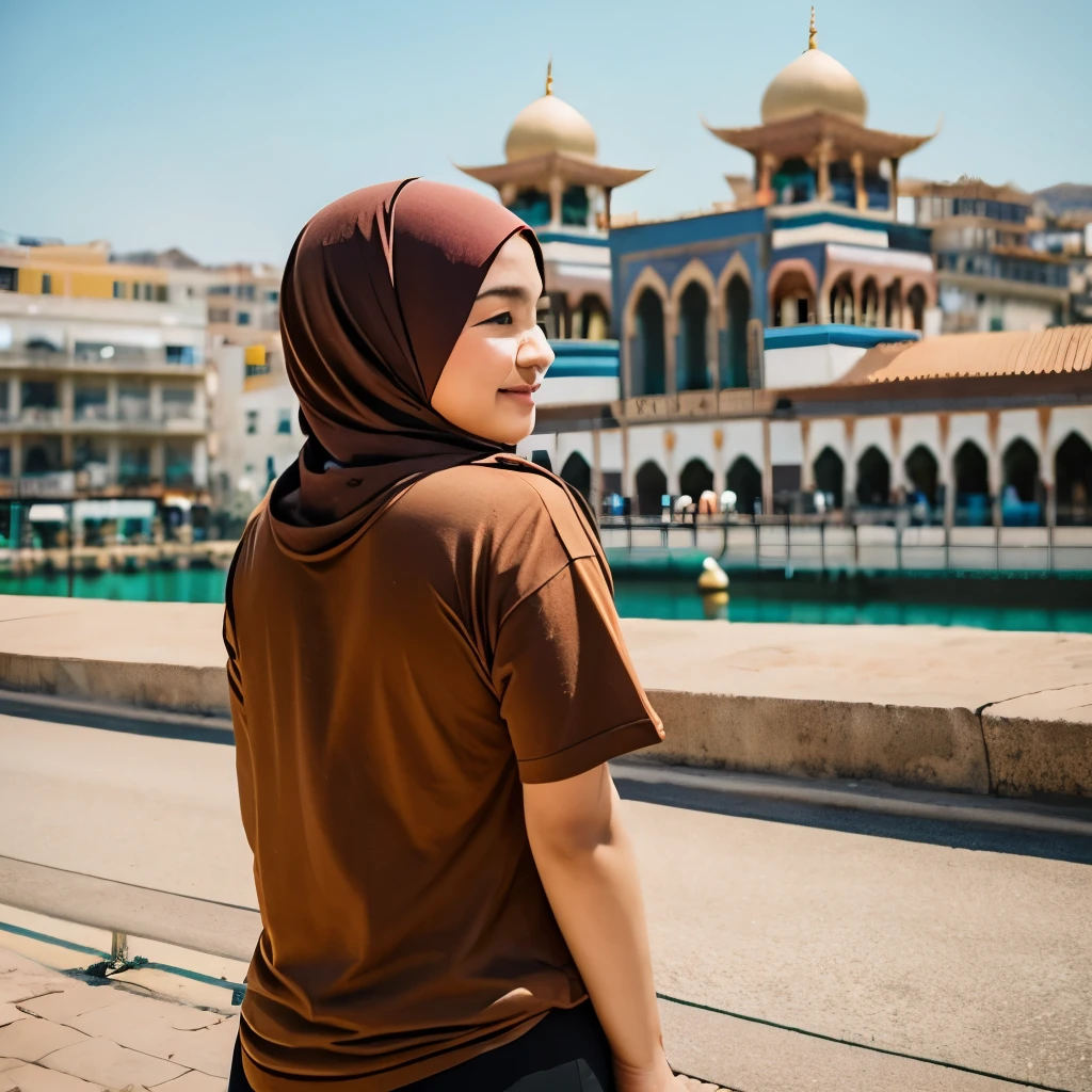 Muslim woman wearing a brown t-shirt that says "Panggabean", her back to the camera, looking at the view of a very old and colorful city