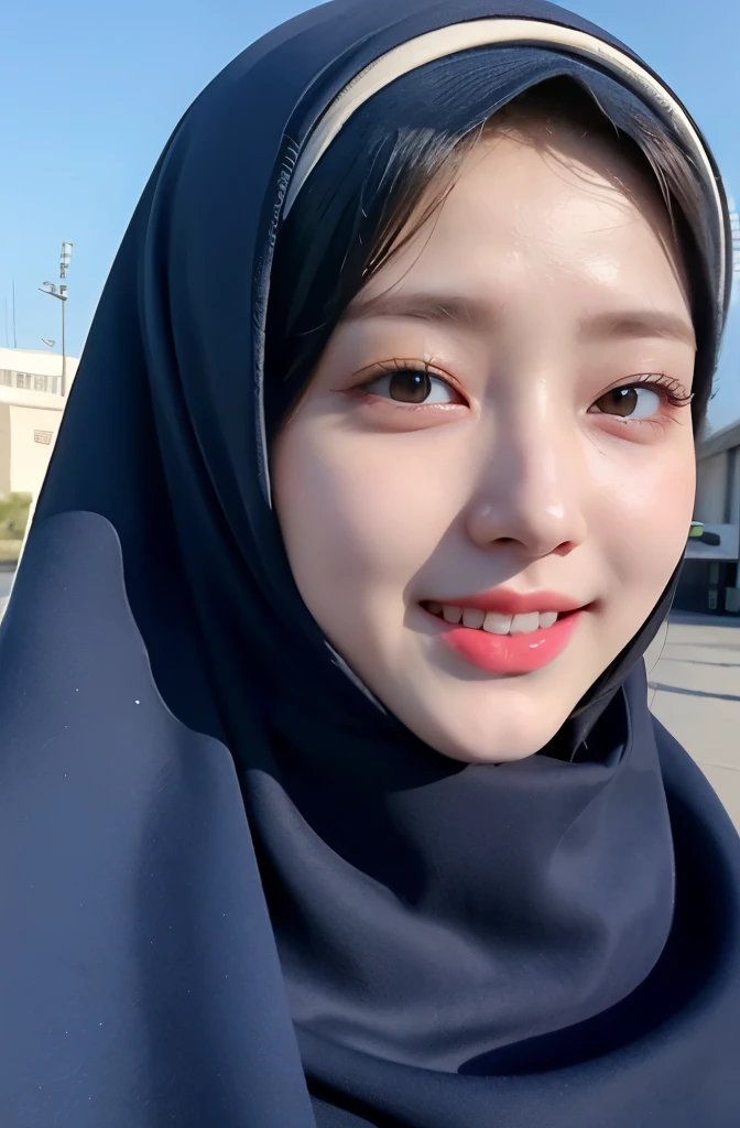 Wear hijab blue collor, ((Best quality, 8k, Masterpiece :1.37)), position:sitting, face looking at the camera holding a smart phone, ( women in hijab), women in hijab blue, style model, ( women in hijab), beautiful face, Beautiful detailed eyes, Korean eyes, nose detail, Natural Lips, 18 year old girl, black hair, very detailed face, ultra detailed body, slim body, detailed big breasts, detailed hairy vagina, Wearing Muslim hijab , luxurious jubba thobbe, blue sky view, slim body, realistic face, women wearing hijabs, smiling face