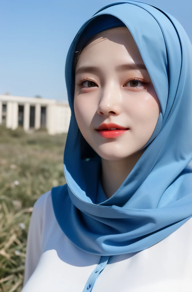 Wear hijab blue collor, ((Best quality, 8k, Masterpiece :1.37)), position:sitting, face looking at the camera holding a smart phone, ( women in hijab), women in hijab blue, style model, ( women in hijab), beautiful face, Beautiful detailed eyes, Korean eyes, nose detail, Natural Lips, 18 year old girl, black hair, very detailed face, ultra detailed body, slim body, detailed big breasts, detailed hairy vagina, Wearing Muslim hijab , luxurious jubba thobbe, blue sky view, slim body, realistic face, women wearing hijabs, smiling face