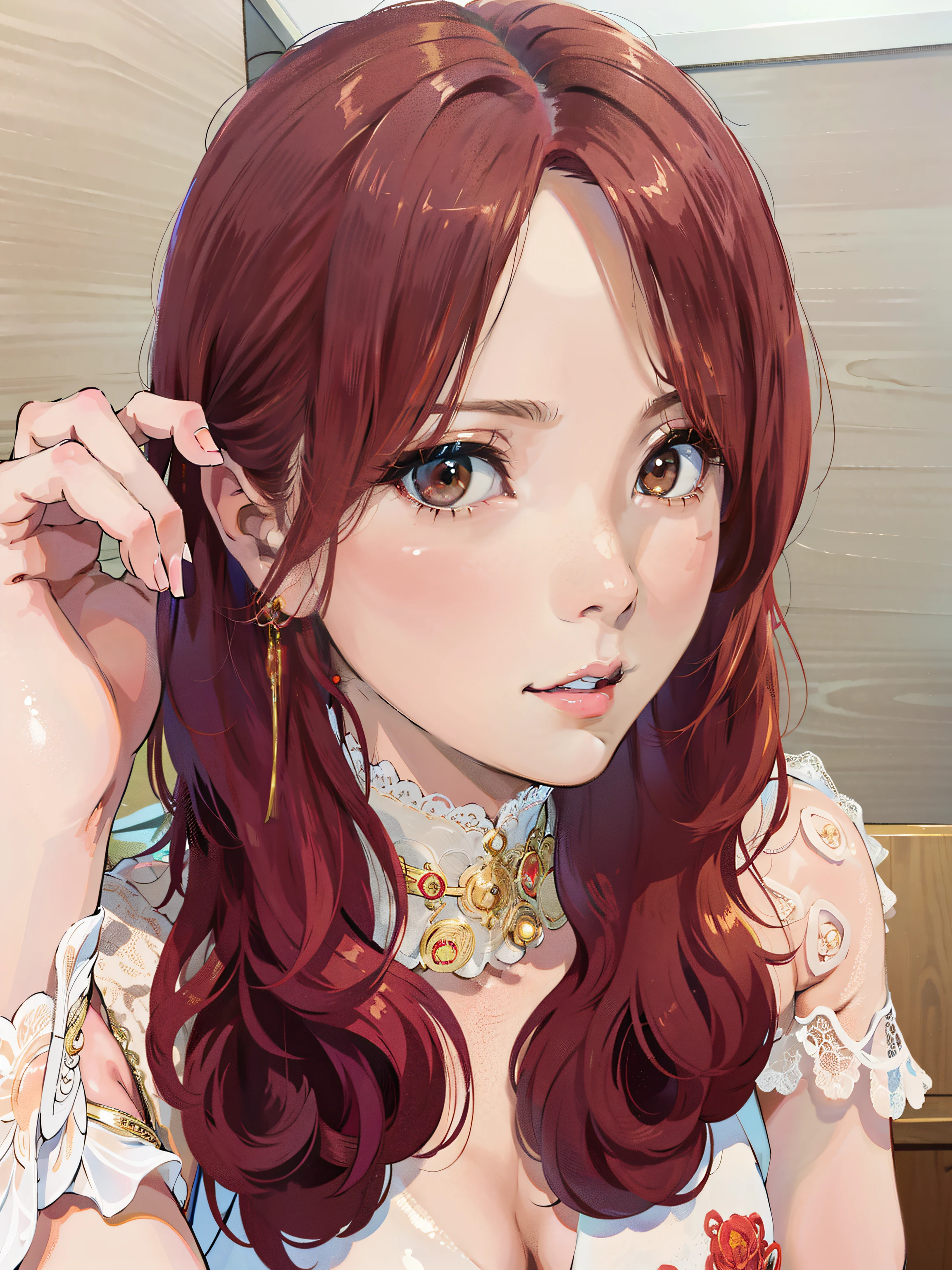 Arafe woman with long red hair and earrings, Ayami kojima amano, deAyami kojima, Yoshitomo Nara, by Ayami Kojima, Chiho, narumi kakinouchi, Second time'Twi, brown haired, motto hole, Ayami