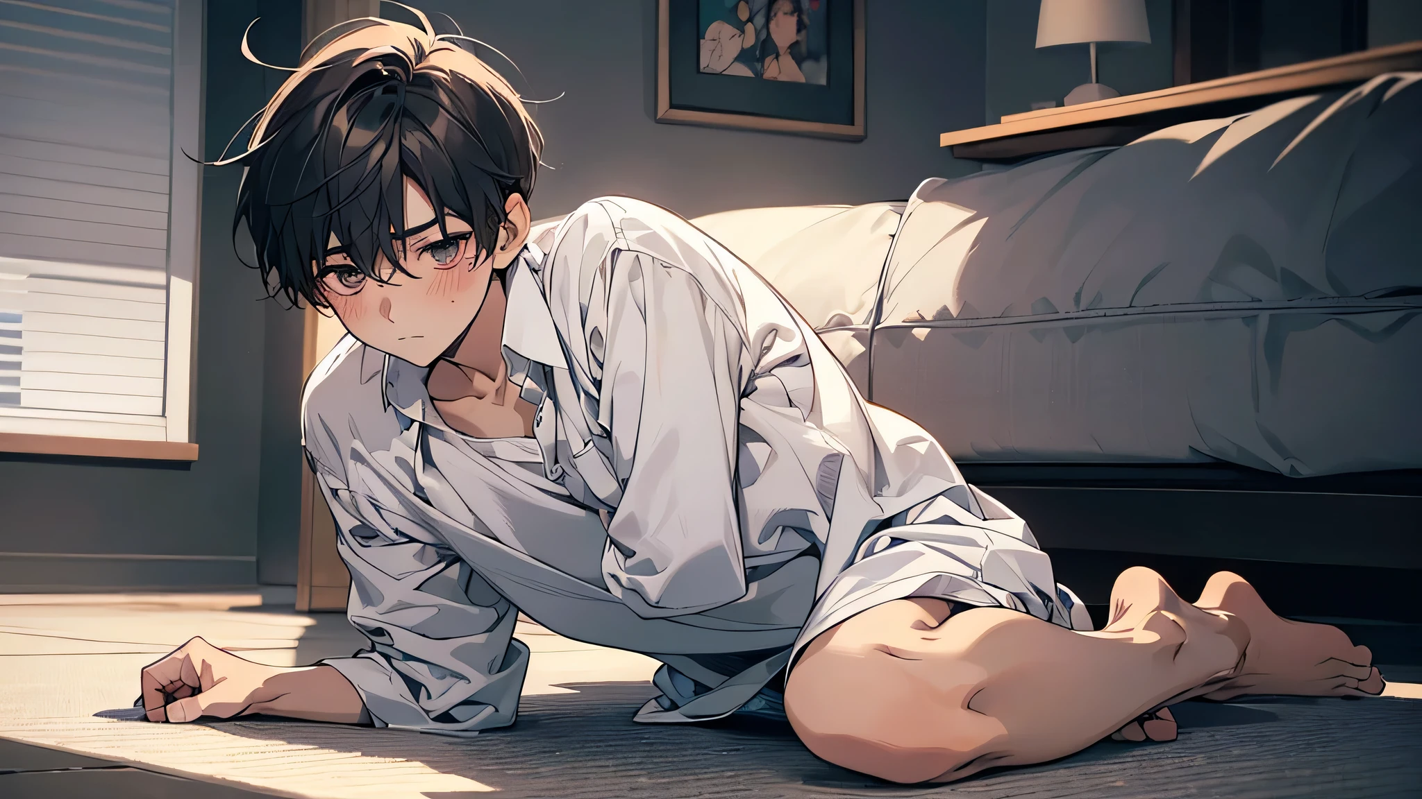 ((A boy)),adorable captivating,in a white shirt,He looked sad,Barefoot,sat on the ground。The blush gradually rises,Shy, But handsome。The picture style is fresh and simple,Rendered like a comic,The lens is shown as a vista,(Anime style+Soft cute),anatomically correct,accurate