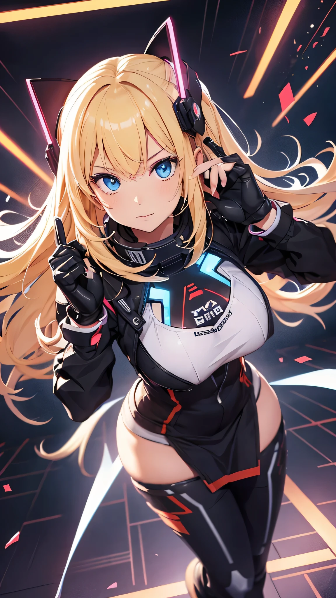 最high quality、best image quality、masterpiece、Android Girl((Robot body、20-year-old、 By becoming、vest bust、medium bust,wide open breast tea、black eye, blonde hair、long hair、thin,highest valley、glowing battle uniform、elationのある動き、Leaning forward heavily、Feeling of sprinting、glowing head visor、carry two handguns)),high quality、beautiful art、background((huge hall venue、high speed、Red laser))、debris flies、書かれた境界のdepth、movie、visual art、perfect art、8K,genuine、elation、Dynamic expression(1:2)、elation、depth((big explosion))