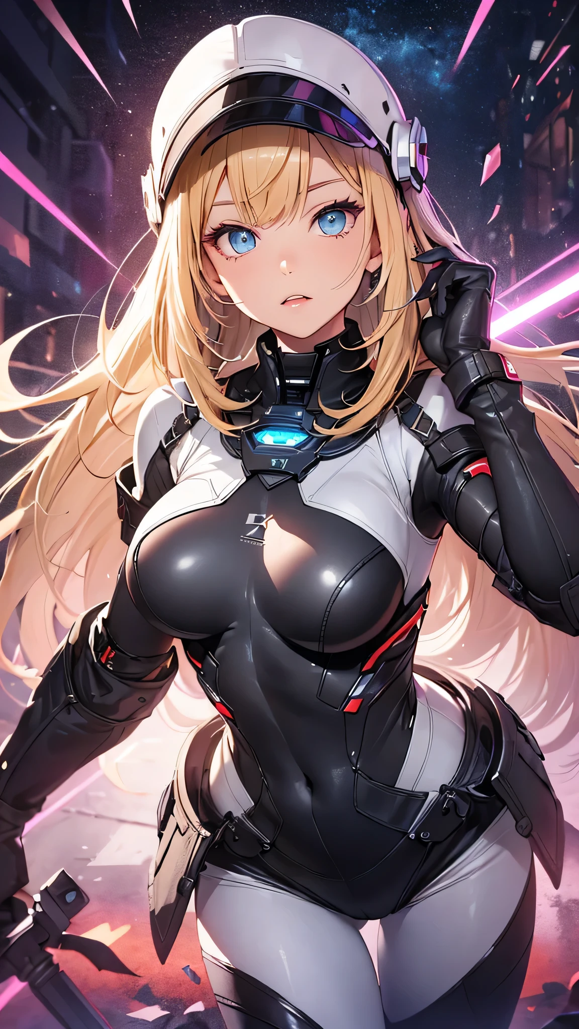 最high quality、best image quality、masterpiece、Android Girl((Robot body、20-year-old、 By becoming、vest bust、medium bust,wide open breast tea、black eye, blonde hair、long hair、thin,highest valley、glowing battle uniform、elationのある動き、Leaning forward heavily、Feeling of sprinting、glowing head visor、carry two handguns)),high quality、beautiful art、background((huge hall venue、high speed、Red laser))、debris flies、書かれた境界のdepth、movie、visual art、perfect art、8K,genuine、elation、Dynamic expression(1:2)、elation、depth((big explosion))