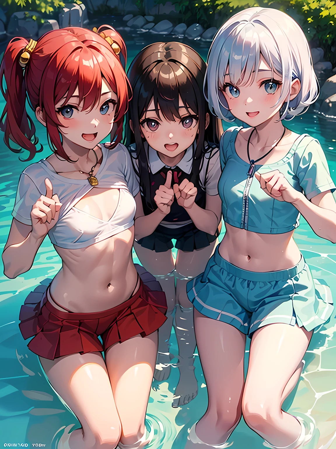 ((highest quality)), ((masterpiece)), (pretty girl), (3 girls:1.3), cute three girls are posing for a camera outdoors in the water, shirtをつかむ, stand side by side, (Close-up shot from the knee:1.3), perfect face, smile, (open your mouth and smile:1.3), embarrassed look, (precise fingers:1.3), hair band, head band, hair bobble, blouse, shirt, I can see your underwear, (pastel colored underwear), high resolution eyes, accurate eye, (high resolution eyes:1.8), (High definition finger 1.8), light smile, small chest, chest, realistic, 4ars old, 5 years old, 6 years old, 7 years old, knee socks, short skirt, Asian, blue eyes, silver hair, brown hair, blonde, belly button, jewelry, looking at the viewer, necklace, water, , Wet, long hair, short hair, abs,