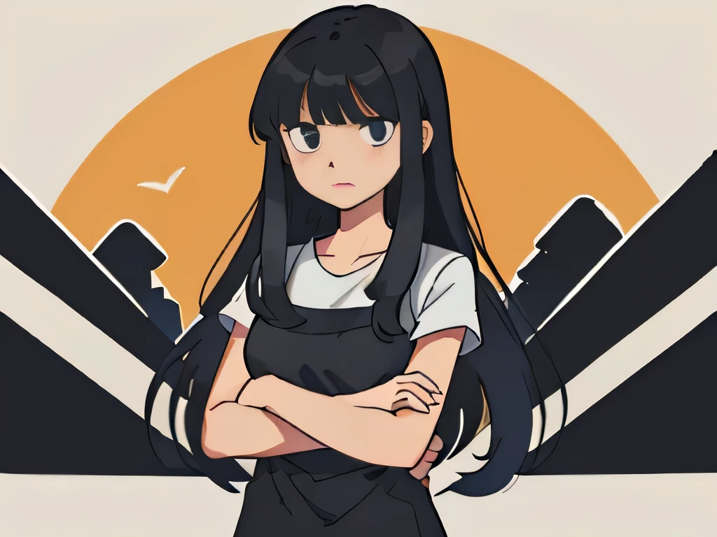 Illustration of a girl having long black hair with bangs, standing with her arms crossed, serious mood, looking at camera
