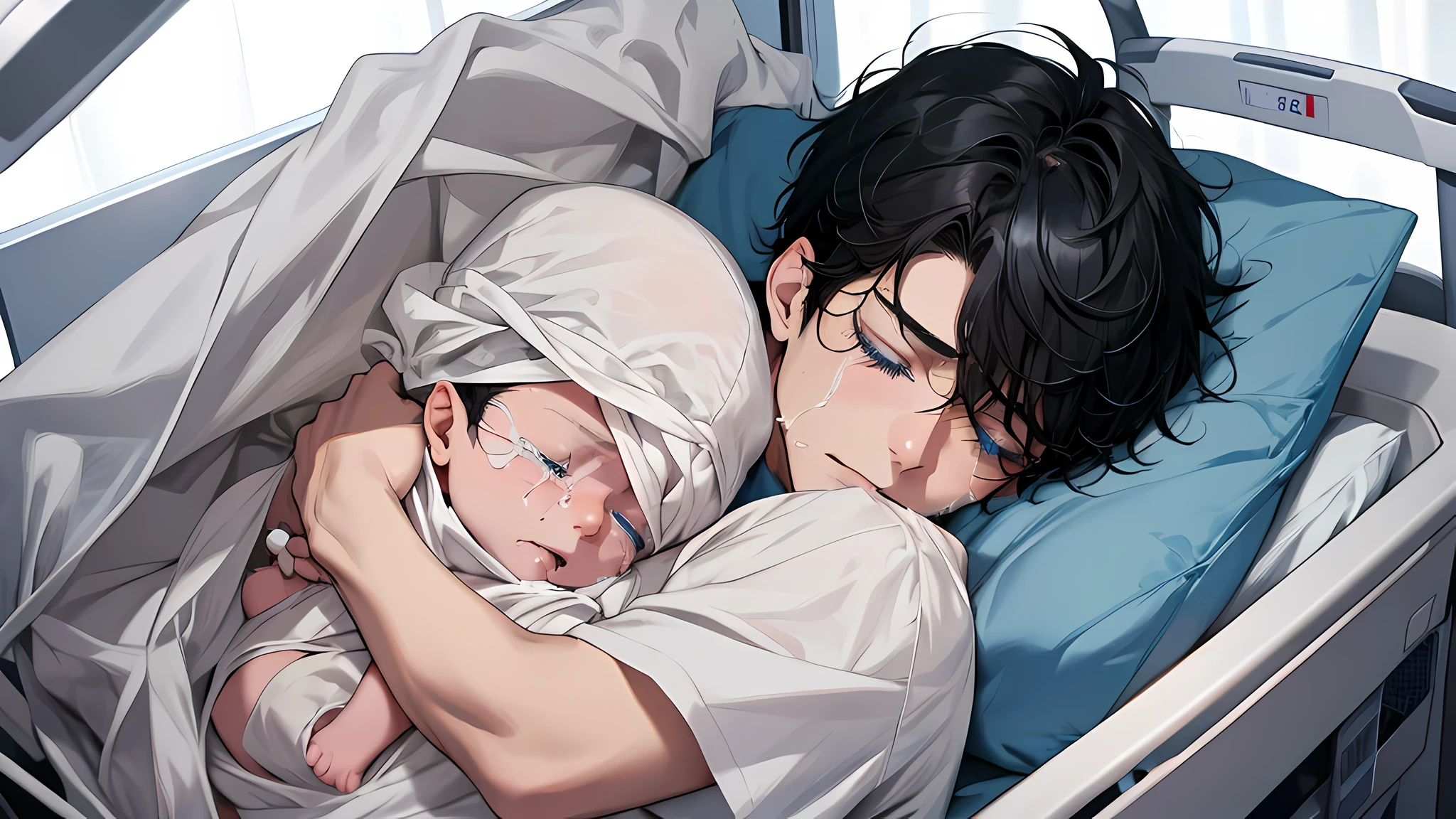1 Newborn Baby boy sleeping in bed alone, 1 day old baby, Blue Eyes, Black Hair, Crying Baby, Baby crying, in a hospital bed, wearing no clothes, perfect face, perfect body, detailed eyes, detailed mouth, detailed nose, detailed face