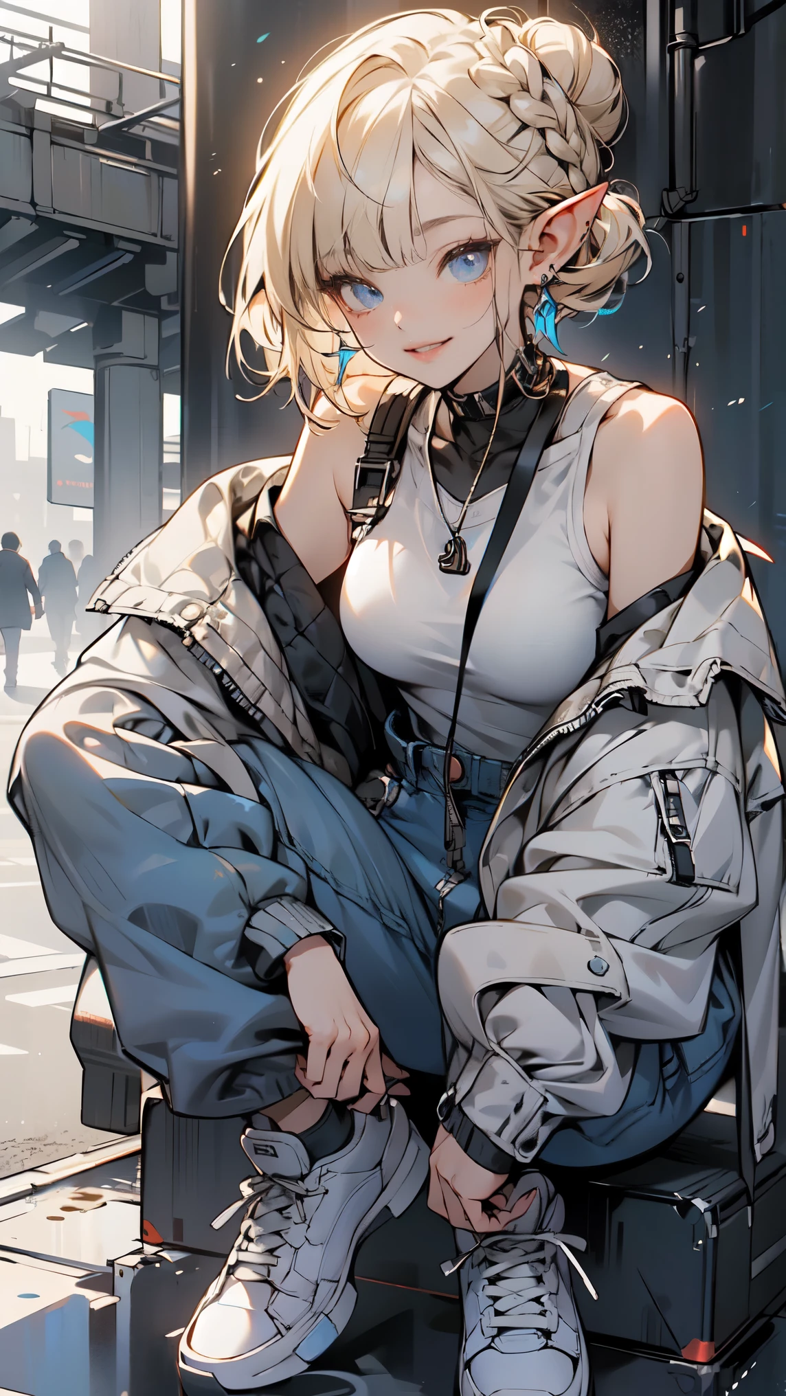 (1 Elf Girl), (beauty elf girl), (Super high quality), masterpiece, casual scene, Crouch next to the mini market, relaxed atmosphere, get a drink, She is dressed in a trendy techwear outfit, A stylish jacket and jeans, With comfortable sneakers, Sunlight that gives off warm tones, Street atmosphere, urban environment. perfect body, (E cup:1.2), overalls, light smile, Fresh, (asymmetrical bangs:1.3), braid bun hair, short hair, highly detailed face and eyes, perfect lips, (white blonde hair, deep blue eyes:1.2),cyber punk, Science fiction, (bare shoulders), digital art, beautiful, cinematic lighting, by Yusuke Murata.