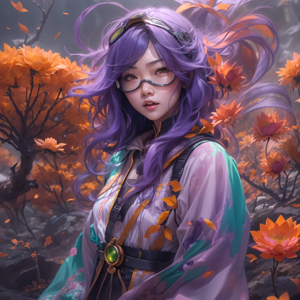 Chapter 3679 The Year of Cyberpunk(masterpiece,HD,超HD,32k lotus root starch)Bright purple flowing hair,autumn pond, lotus root starch color, Asian (Michiko), (silk scarf), fighting stance, looking at the colorful balloons, Orange gradient long hair, ((Thick frame reflective jade windproof goggles))Floating bright purple, Fire cloud gold headdress, Chinese long-sleeved gold silk garment, (Abstract ink splash:1.2),mars background,lotus(realistically:1.4),bright purple hair,Smoke on the road,The background is very ivory、pure, high resolution, Detailed wind protection goggles, RAW photos lotus root starch, Sharp Re, Nikon D850 film photo by Jefferies Lee 4 Kodak Portra 400 camera F1.6 guns, rich and colorful, Super real、Vivid texture, dramatic lighting, Unreal Engine Art Station Trend, Silicon Nest 800
