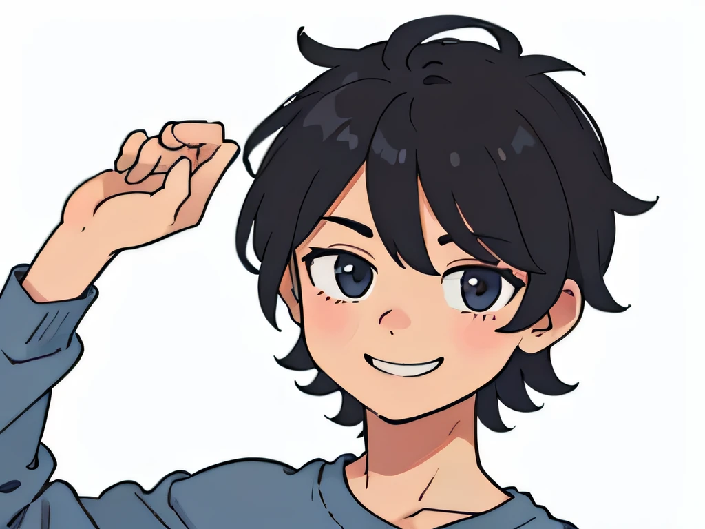 illustration of a guy having short messy hair, cute, smiling, happy ,posing for a picture