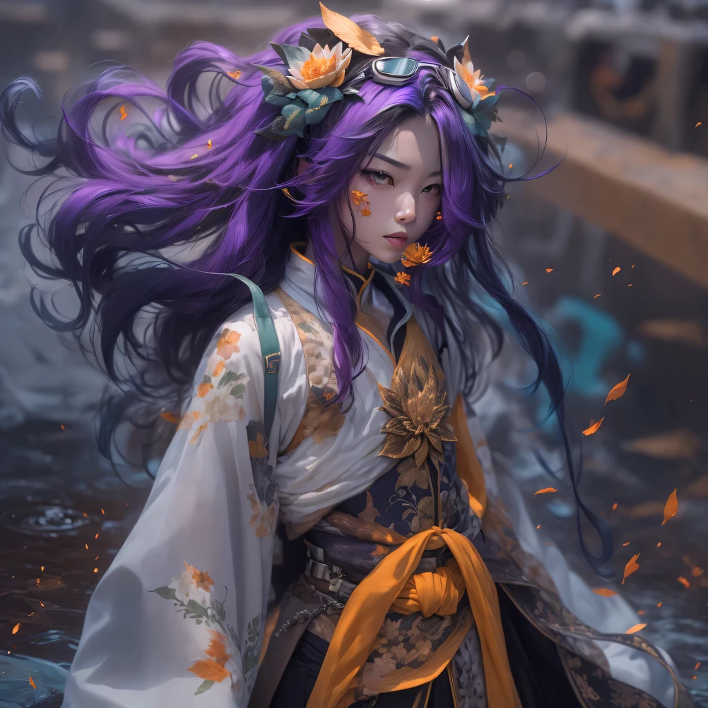 Chapter 3679 The Year of Cyberpunk(masterpiece,HD,超HD,32k lotus root starch)Bright purple flowing hair,autumn pond, lotus root starch color, Asian (Michiko), (silk scarf), fighting stance, looking at the colorful balloons, Orange gradient long hair, ((Thick frame reflective jade windproof goggles))Floating bright purple, Fire cloud gold headdress, Chinese long-sleeved gold silk garment, (Abstract ink splash:1.2),mars background,lotus(realistically:1.4),bright purple hair,Smoke on the road,The background is very ivory、pure, high resolution, Detailed wind protection goggles, RAW photos lotus root starch, Sharp Re, Nikon D850 film photo by Jefferies Lee 4 Kodak Portra 400 camera F1.6 guns, rich and colorful, Super real、Vivid texture, dramatic lighting, Unreal Engine Art Station Trend, Silicon Nest 800