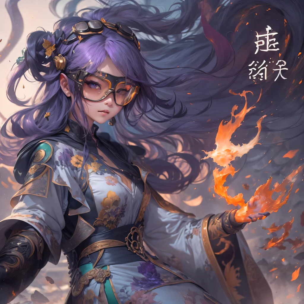 Chapter 3679 The Year of Cyberpunk(masterpiece,HD,超HD,32k lotus root starch)Bright purple flowing hair,autumn pond, lotus root starch color, Asian (Michiko), (silk scarf), fighting stance, looking at the colorful balloons, Orange gradient long hair, ((Thick frame reflective jade windproof goggles))Floating bright purple, Fire cloud gold headdress, Chinese long-sleeved gold silk garment, (Abstract ink splash:1.2),mars background,lotus(realistically:1.4),bright purple hair,Smoke on the road,The background is very ivory、pure, high resolution, Detailed wind protection goggles, RAW photos lotus root starch, Sharp Re, Nikon D850 film photo by Jefferies Lee 4 Kodak Portra 400 camera F1.6 guns, rich and colorful, Super real、Vivid texture, dramatic lighting, Unreal Engine Art Station Trend, Silicon Nest 800