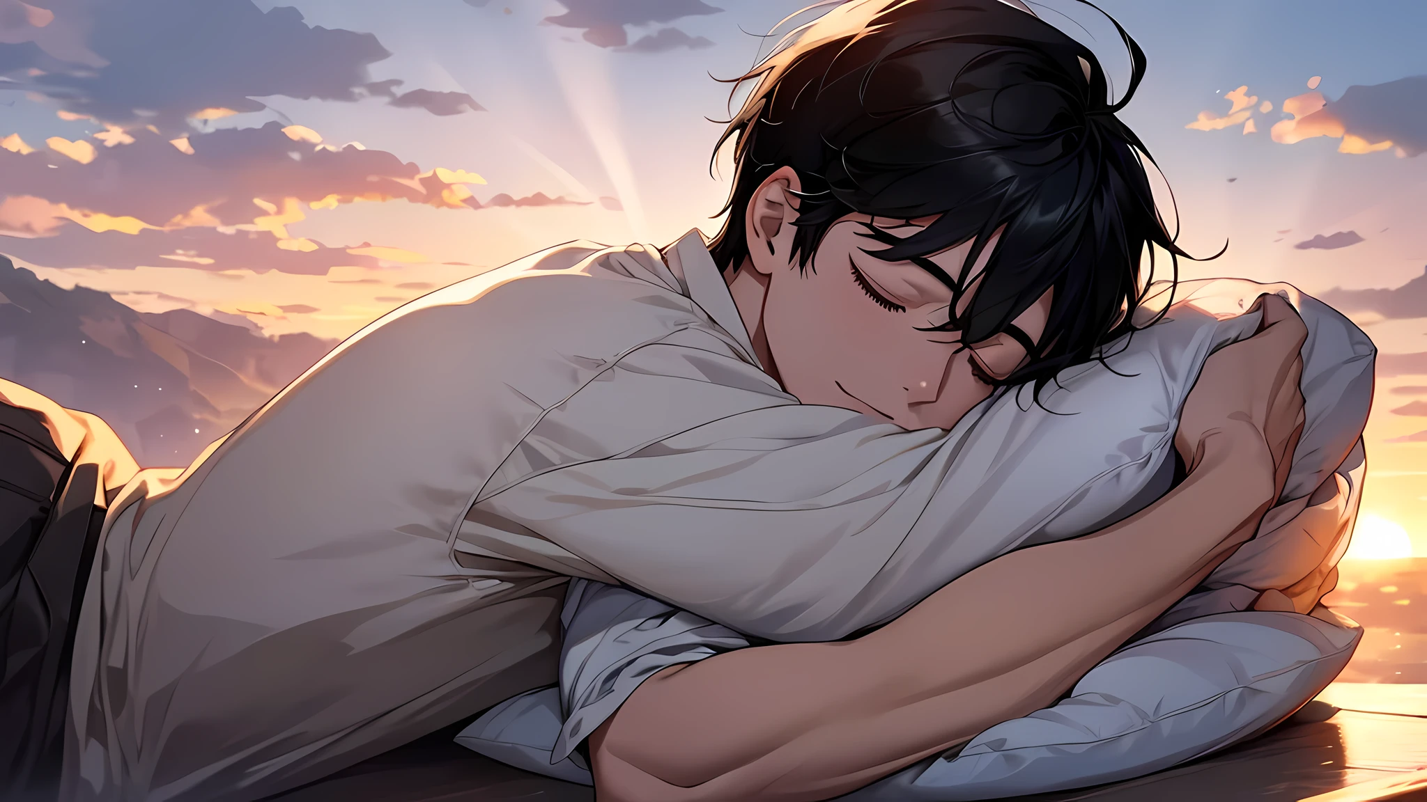 ​masterpiece, Highest Quality, MovieSteel, 1 baby boy, black hair,  Floating in the sky, close-up, brightness, happiness, Warm and soft lighting, sunset, Sleeping, Sleep on your stomach, sleep, eyes closed. (sparks:0.7)
