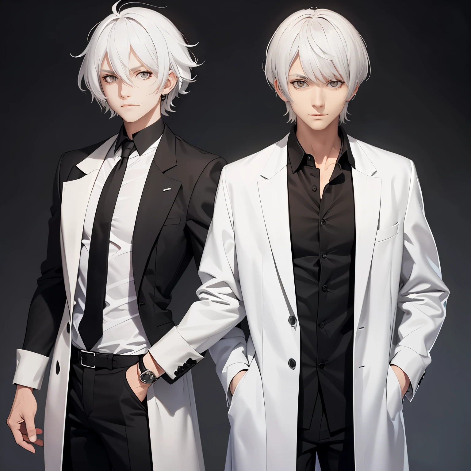 Medium hair, man, white hair, lab coat, black shirt, black pants, skinny, grey eyes