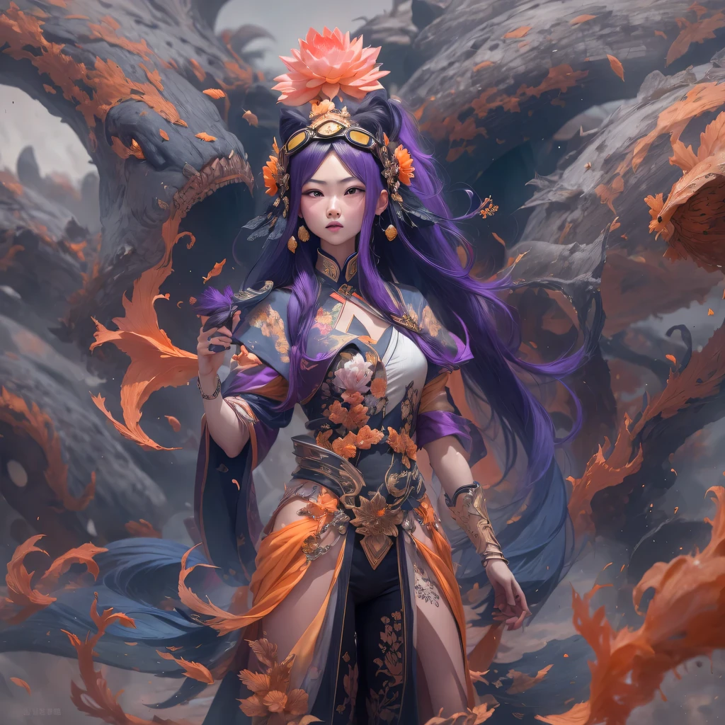 Chapter 3679 The Year of Cyberpunk(masterpiece,HD,超HD,32k lotus root starch)Bright purple flowing hair,autumn pond, lotus root starch color, Asian (Michiko), (silk scarf), fighting stance, looking at the colorful balloons, Orange gradient long hair, ((Thick frame reflective jade windproof goggles))Floating bright purple, Fire cloud gold headdress, Chinese long-sleeved gold silk garment, (Abstract ink splash:1.2),mars background,lotus(realistically:1.4),bright purple hair,Smoke on the road,The background is very ivory、pure, high resolution, Detailed wind protection goggles, RAW photos lotus root starch, Sharp Re, Nikon D850 film photo by Jefferies Lee 4 Kodak Portra 400 camera F1.6 guns, rich and colorful, Super real、Vivid texture, dramatic lighting, Unreal Engine Art Station Trend, Silicon Nest 800