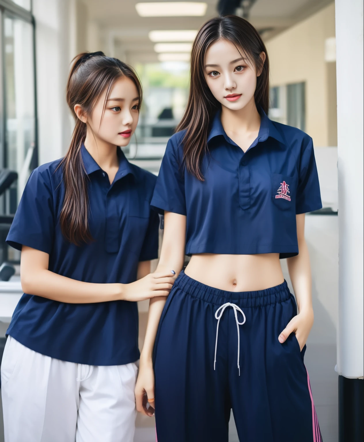 3 girls in fitness center, Navy blue short-sleeved shirt,Navy Long Trackpant,Sweatpants, Sweatpantsขายาว,25 year old girl, lesbian, sexy, exercise clothes, wet body, exercise clothes
