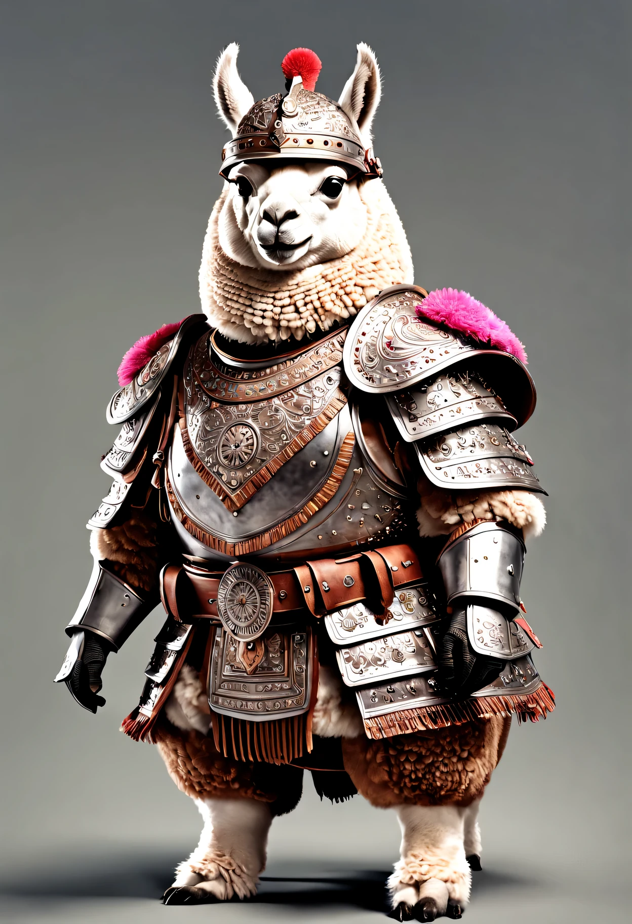 photorealistic portrait of Dressed animals - a ((fat)) alpaca warrior,(brave pose), high quality,(lovely) ,intricate details, highly detailed ((high tech armor and helmet)) ,,highly detailed decorations, , (brave), studio lighting,(full body image:1.5)