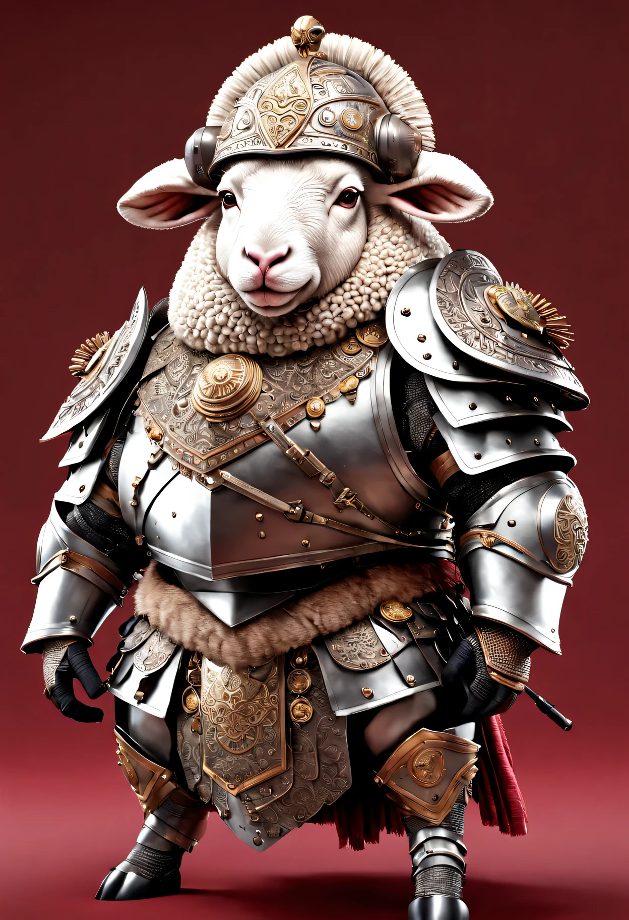 photorealistic portrait of Dressed animals - a ((fat)) sheep warrior,(brave pose), high quality,(lovely) ,intricate details, highly detailed ((cyber armor and helmet)) ,,highly detailed decorations, , (brave), studio lighting,(full body image:1.5)