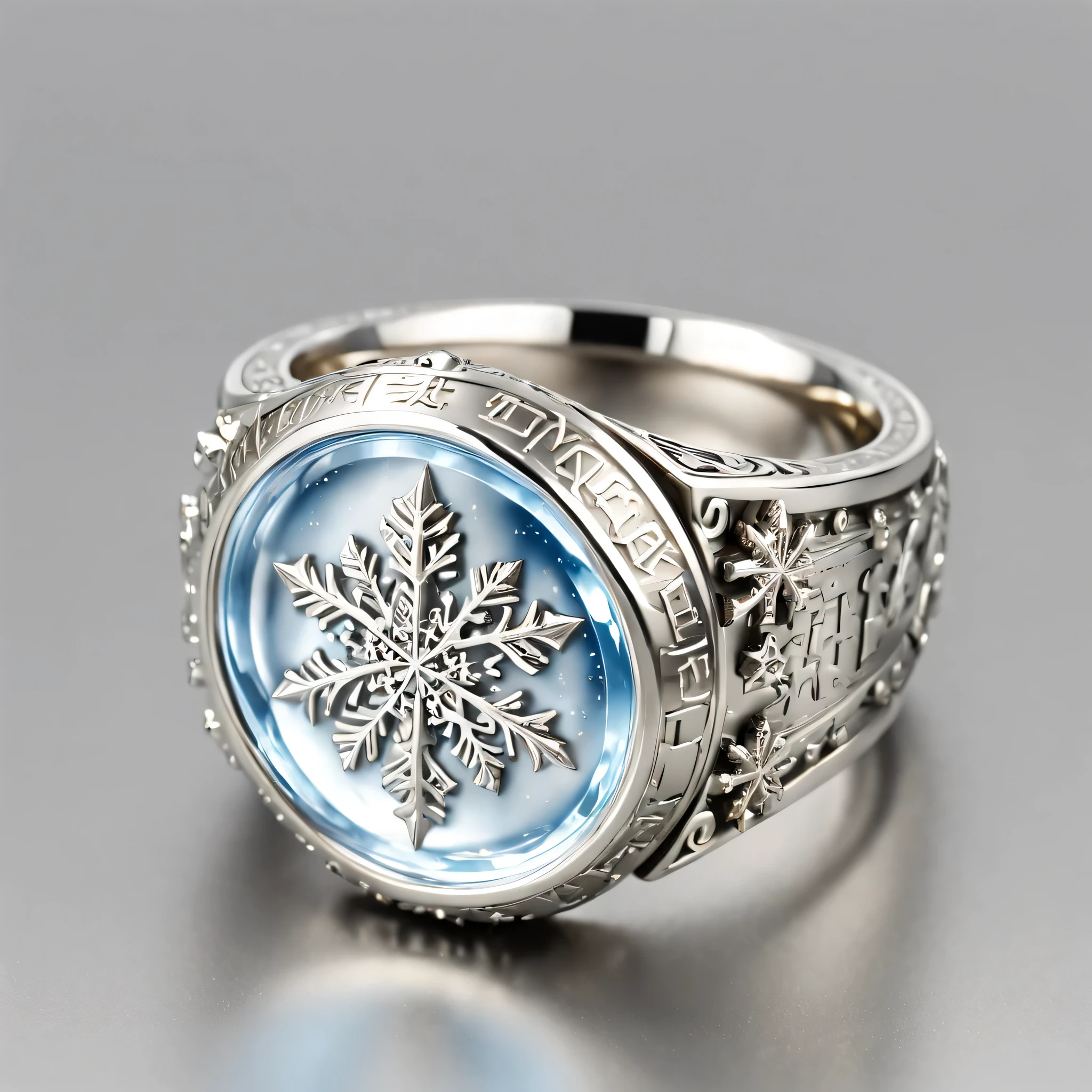 (8K, 16 thousand., Award Winning, top quality, Highest resolution, Super Detail, high detail, anatomically correct, masterpiece, stunning beauty), (metal ring: 1.3), metal ring inside an icicle , Man ring, detailed design, Snowflake carving, mastery of performance , Legendary ring, Rare and valuable, complex parts, The ring is made of metal., called orichalcum, There are no gems, (Ancient hieroglyphs are engraved on the inside of the ring..: 1.2), The Perfect Circle, platinum, white, gold & silver, Trapped in a world of ice.