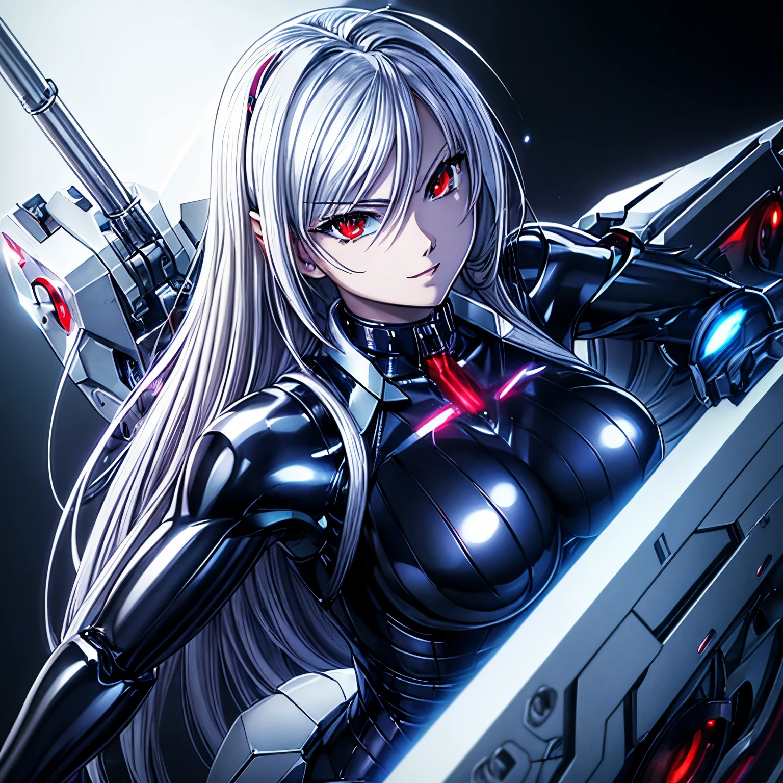 top-quality、​masterpiece、超A high resolution、(Photorealsitic:1.4)、女の子1人、silver hair、Straight hair, shiny and clean hair、White shiny skin、Sexy Cyberpunk Girl、((super realistic details))、Shadow、octan render、ultrasharp、hyperdetailed face、Fiberglass、Luminous tube、highly intricate detail、Realistic light、CGSoation Trends、(red eyes with slit pupils)、(Facing the camera)、neon details、Mechanical limbs、Mechanical vertebrae attached to the back、mechanical cervical attaching to neck、Wires and cables connecting to the head、((valkyrie))、((Beam Cannon))、Combat stance、((seductive pose:1.0))、(light_Smile:0.8)、full body、