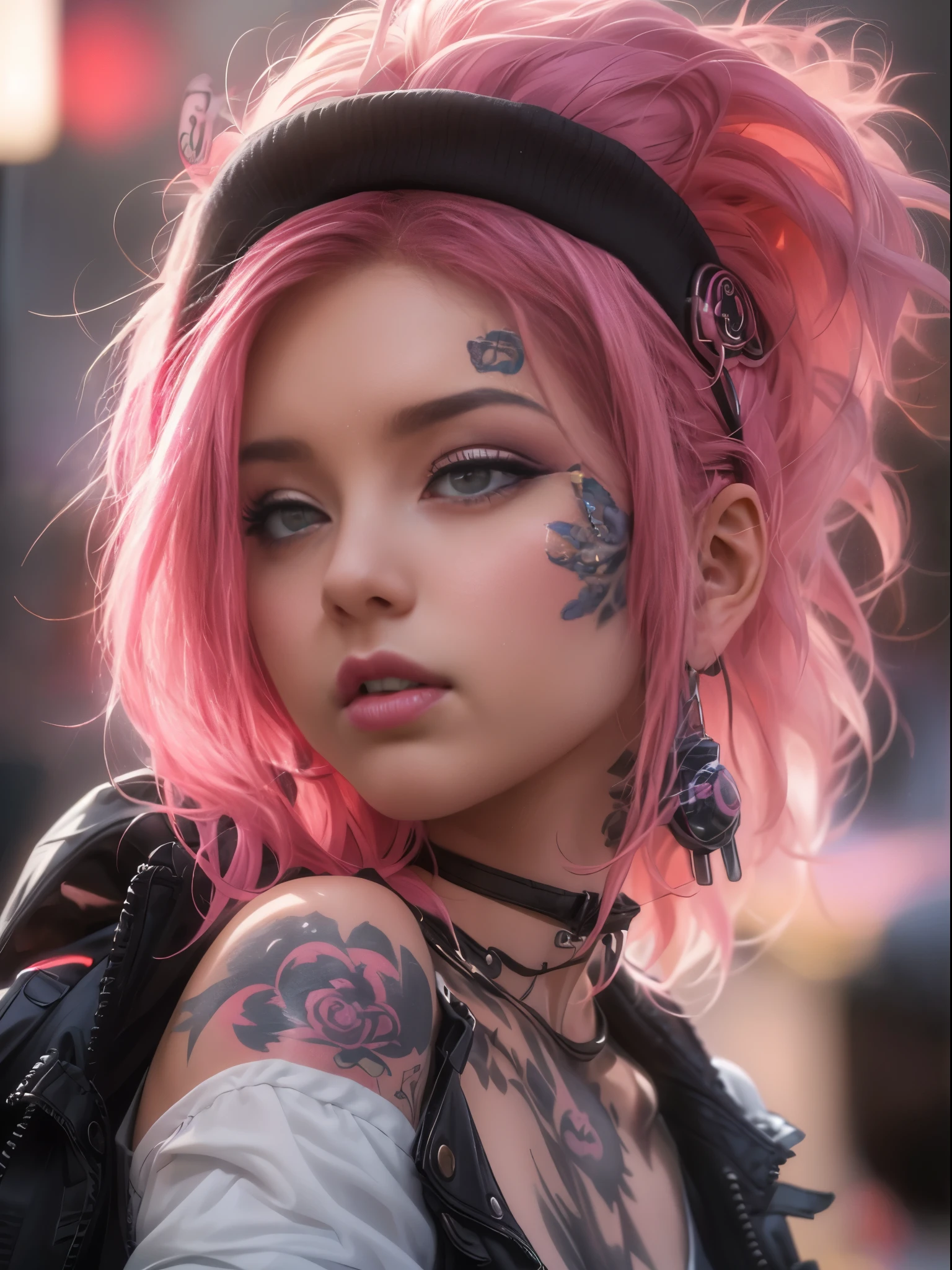 Cute 18 year old punk girl,、(top-quality、in 8K、32K、masterpiece、NSFW)、(Photorealsitic:1.4),Fancy makeup, shapeless punk hair,punk fashion、A pink-haired,、Tattoos on the body,、Downtown District Background、Backlight effect、depth of fields,blurry backround,