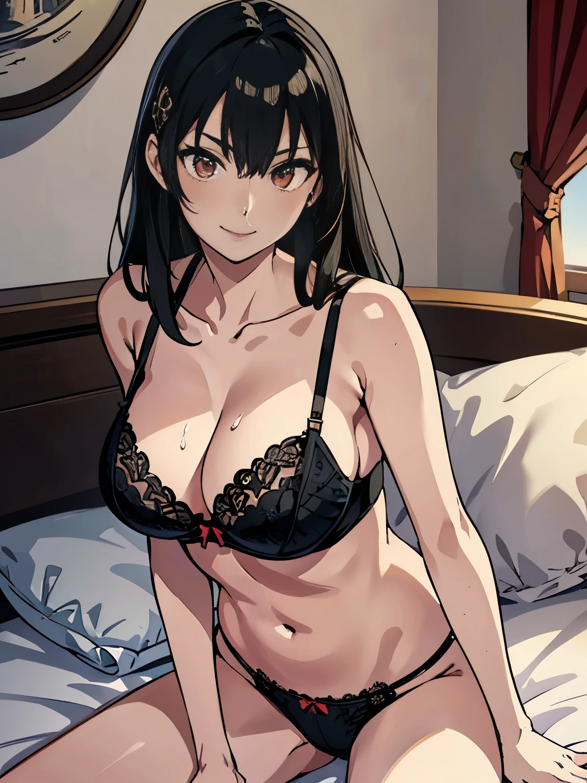 masterpiece、highest quality、High resolution、1 girl、solo、(alone)、Smile、big 、red eyes、slender、bedroom、Lying in bed、Detailed facial depiction、(((yor briar、yor forger、jet black hair)))、(((Sexual bra with detailed decoration、sexual panties with detailed decorations)))、sexual pose