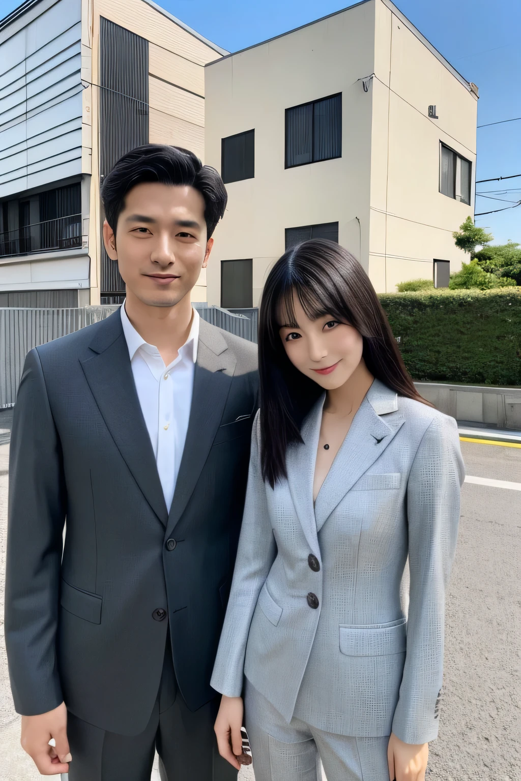 Hand drawn anime art. background is a 2-story simple house situated in Japan's suburbs. On the left is a dark gray Toyota Supra A80. On the right is a metallic gray 2023 Lexus NX450h+. In the middle, 175 cm tall, slim and beautiful Chinese woman with long black hair. Beside her, a Japanese male with light yellowish skin, 185 cm tall with short hair. The male fashion is business wear, the woman is wearing white button-up dress shirt and gray two-piece suit.