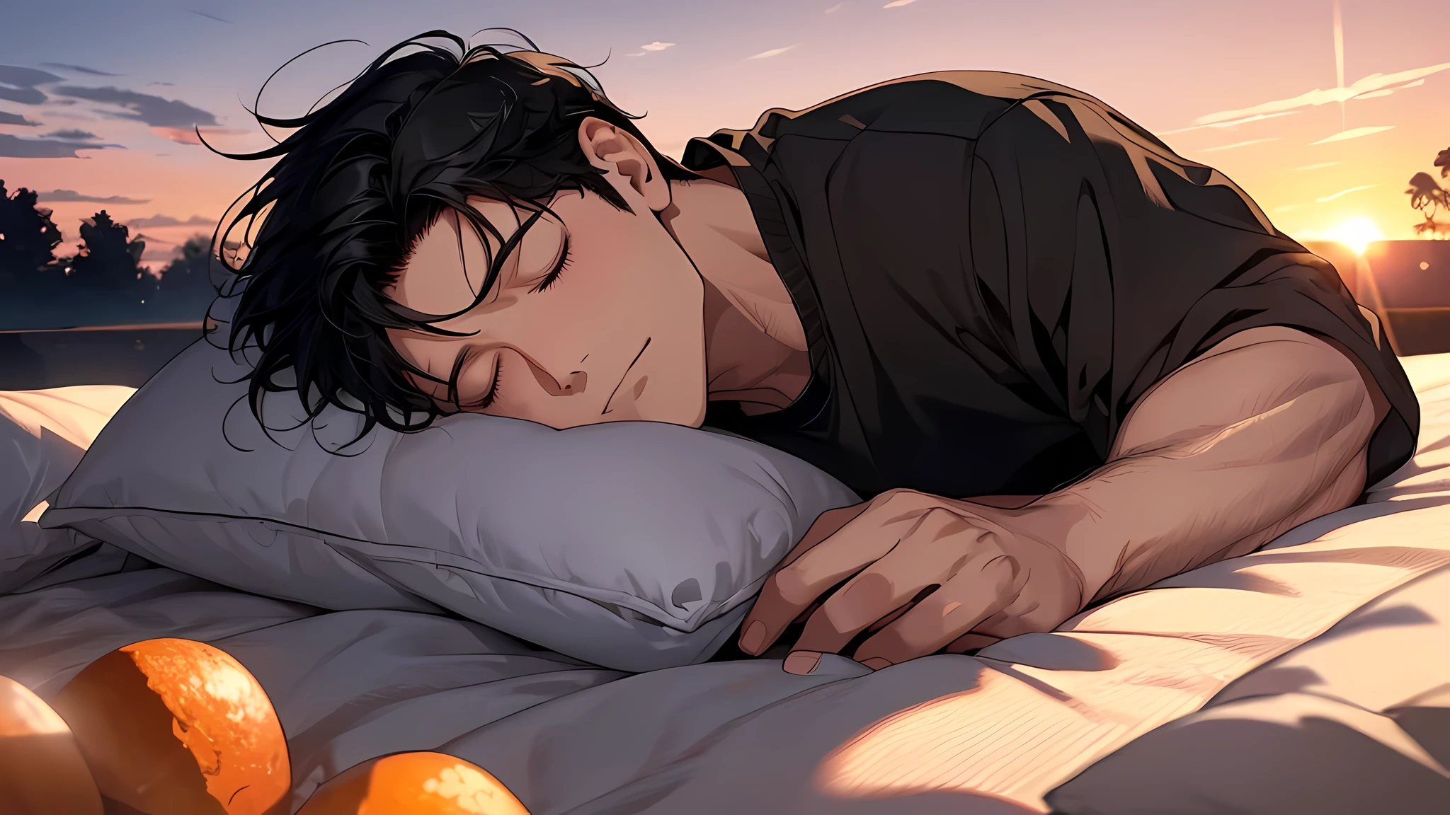 masterpiece, Highest Quality, MovieSteel, 1 , black hair, Floating in the sky, close-up, brightness, happiness, Warm and soft lighting, sunset, Sleeping, Sleep on your stomach, sleep, eyes closed. (sparks:0.7)