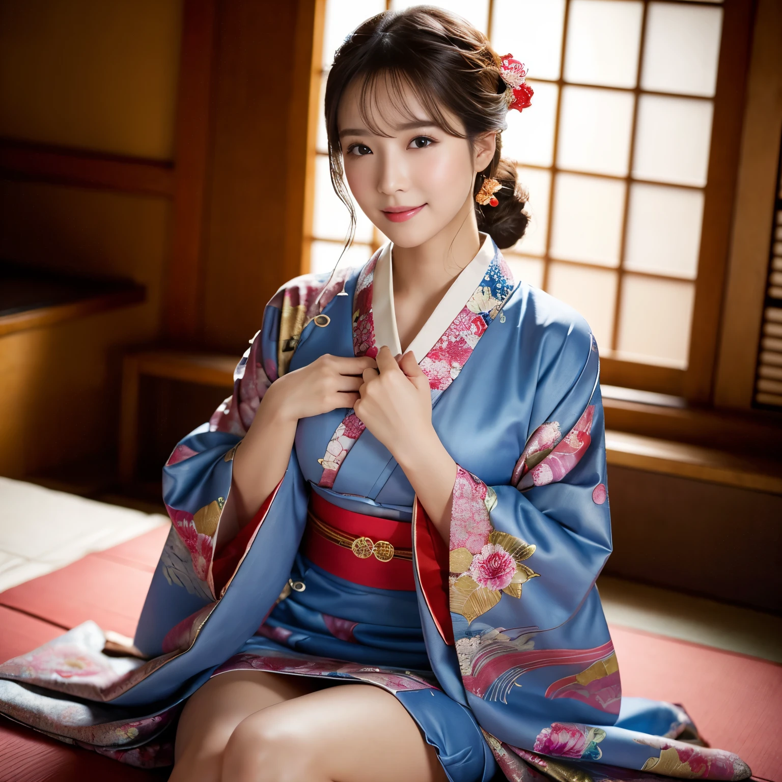 ((highest quality, table top, Super high resolution、the most complex and detailed depiction))、1 woman、Wearing a luxurious kimono、(((sad、sad笑顔、Ephemeral smile、sad表情、sad、Looks like you&#39;re going to cry)))、(Japanese style elegant kimono、elegant posture、stand gracefully)、elegant kimono、Photographed from the waist up、(((look at me、perfect gas chamber、look at me perfectly)))、detailed face、Perfect glossy lips、perfect anatomy、elegantly styled hair、she is wearing an elegant hairpin.、bewitching makeup、detailed face、perfect face、fair skin、perfect shiny skin and hair、The background is an elegant Japanese room、big and full breasts、Fluffy kimono、my chest is open、No bra、exposed thighs、Bold thighs、(The most moody and romantic warm lighting:1.2)、Super high-definition glowing fair skin、the most detailed face、Ultra high definition detailed face、ultra high definition hair、Super high-definition sparkling eyes、Beautiful face drawn in super detail