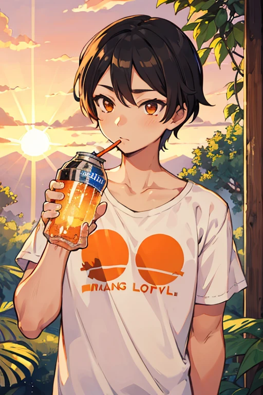((best quality)), ((masterpiece)), (detailed), perfect face，Tangerine flavored soda，Orange flavor boy，sunrise，Cicada chirping，sunriseCicada chirping，midsummer，shota,male,1 boy,gay
