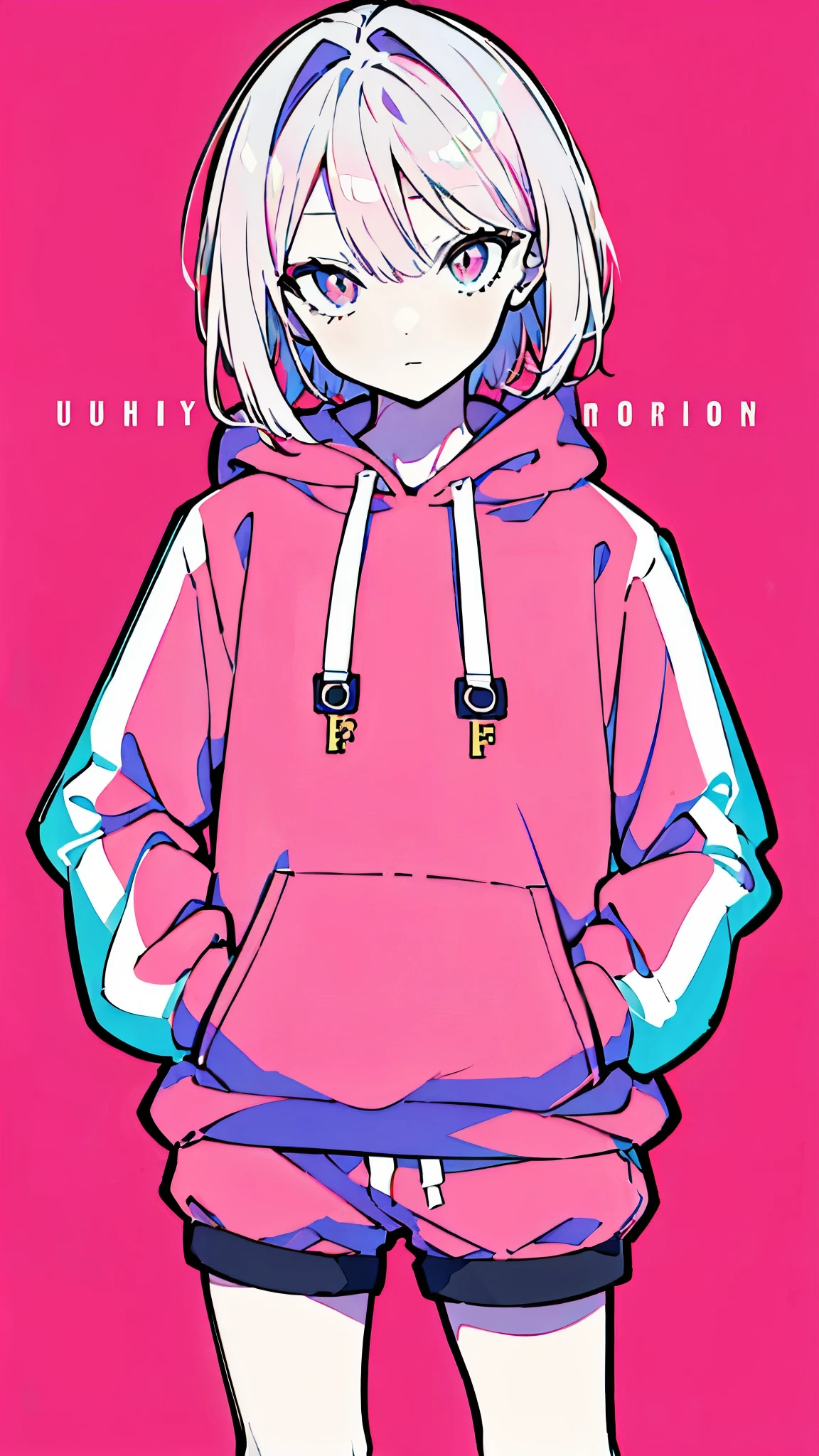(masterpiece, highest quality:1.6), alone, thick outline, (simple background, light pink background, monochrome, light pink theme:1.2), official art, Key Visual, 8K, disorganized, whole body, (unique hair, Oversized Hoodies, hot pants, wearing a hood, arch back, short torso:1.2), belly button, thighs, cowboy shot, HDR, sharp focus, High resolution, most detailed, very detailed, Super detailed, finely, detailed eyes and face, sharp pupils, realistic student, solo, pink and white contrast, solo, hands in pockets