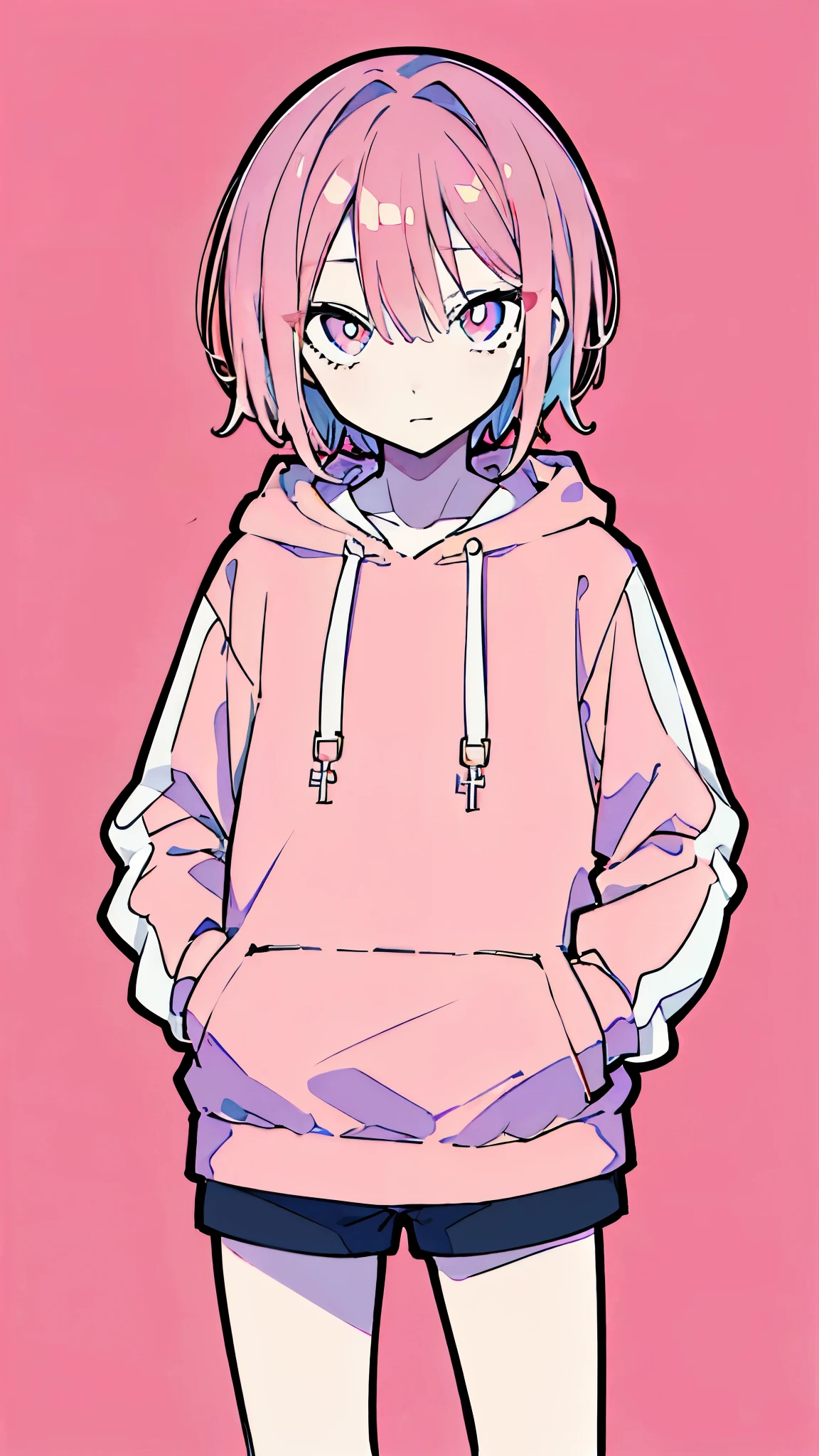 (masterpiece, highest quality:1.6), alone, thick outline, (simple background, light pink background, monochrome, light pink theme:1.2), official art, Key Visual, 8K, disorganized, whole body, (unique hair, Oversized Hoodies, hot pants, wearing a hood, arch back, short torso:1.2), belly button, thighs, cowboy shot, HDR, sharp focus, High resolution, most detailed, very detailed, Super detailed, finely, detailed eyes and face, sharp pupils, realistic student, solo, pink and white contrast, solo, hands in pockets