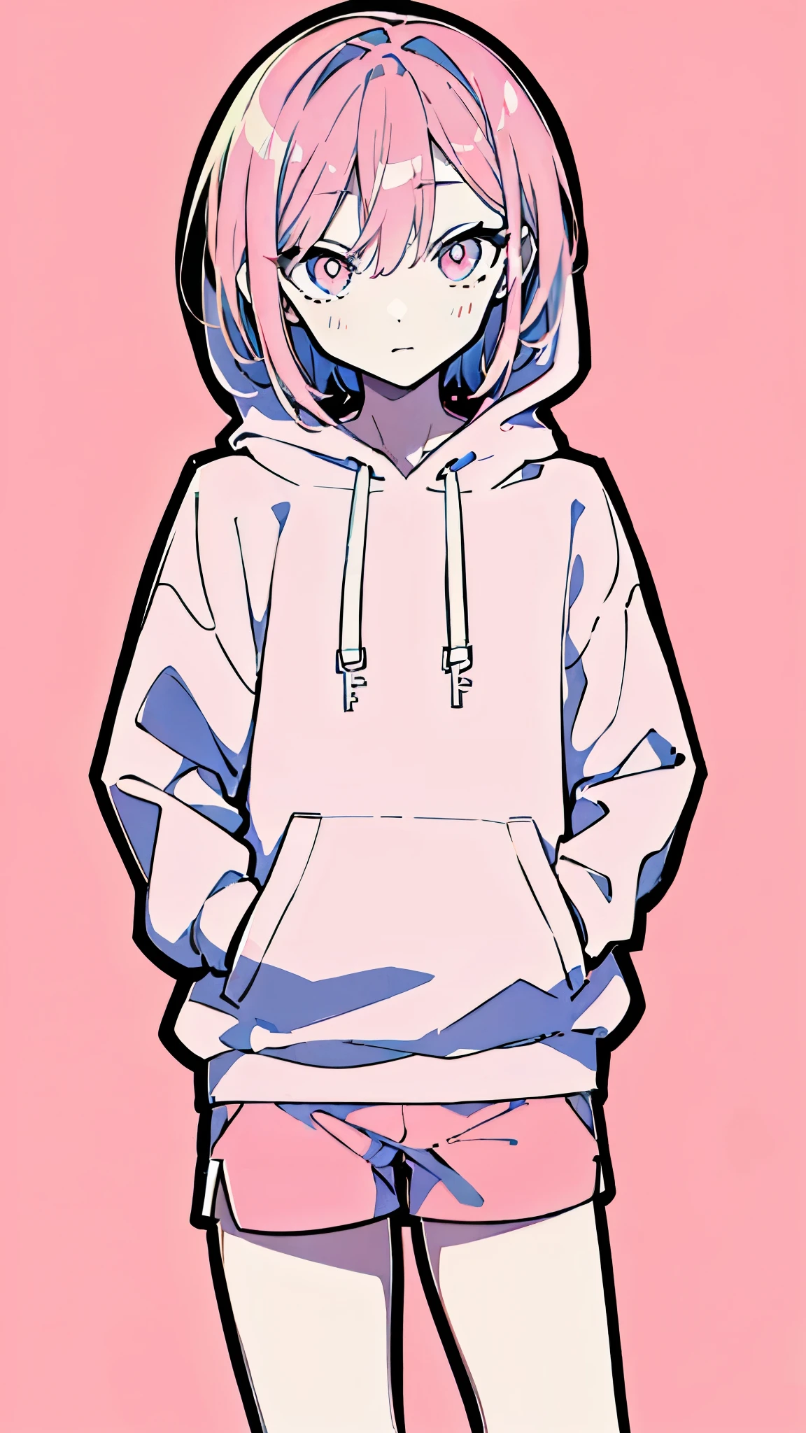 (masterpiece, highest quality:1.6), alone, thick outline, (simple background, light pink background, monochrome, light pink theme:1.2), official art, Key Visual, 8K, disorganized, whole body, (unique hair, Oversized Hoodies, hot pants, wearing a hood, arch back, short torso:1.2), belly button, thighs, cowboy shot, HDR, sharp focus, High resolution, most detailed, very detailed, Super detailed, finely, detailed eyes and face, sharp pupils, realistic student, solo, pink and white contrast, solo, hands in pockets