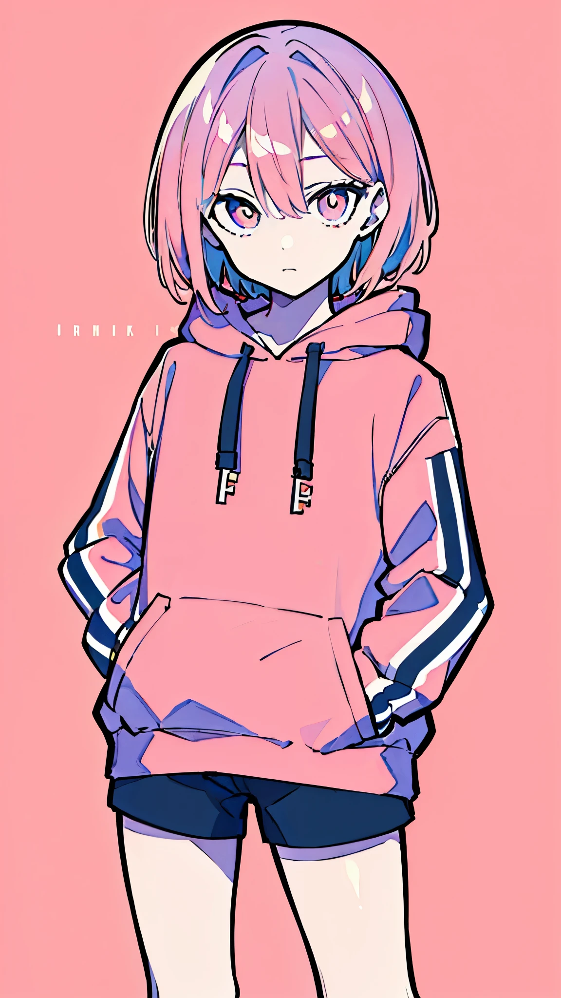 (masterpiece, highest quality:1.6), alone, thick outline, (simple background, light pink background, monochrome, light pink theme:1.2), official art, Key Visual, 8K, disorganized, whole body, (unique hair, Oversized Hoodies, hot pants, wearing a hood, arch back, short torso:1.2), belly button, thighs, cowboy shot, HDR, sharp focus, High resolution, most detailed, very detailed, Super detailed, finely, detailed eyes and face, sharp pupils, realistic student, solo, pink and white contrast, solo, hands in pockets