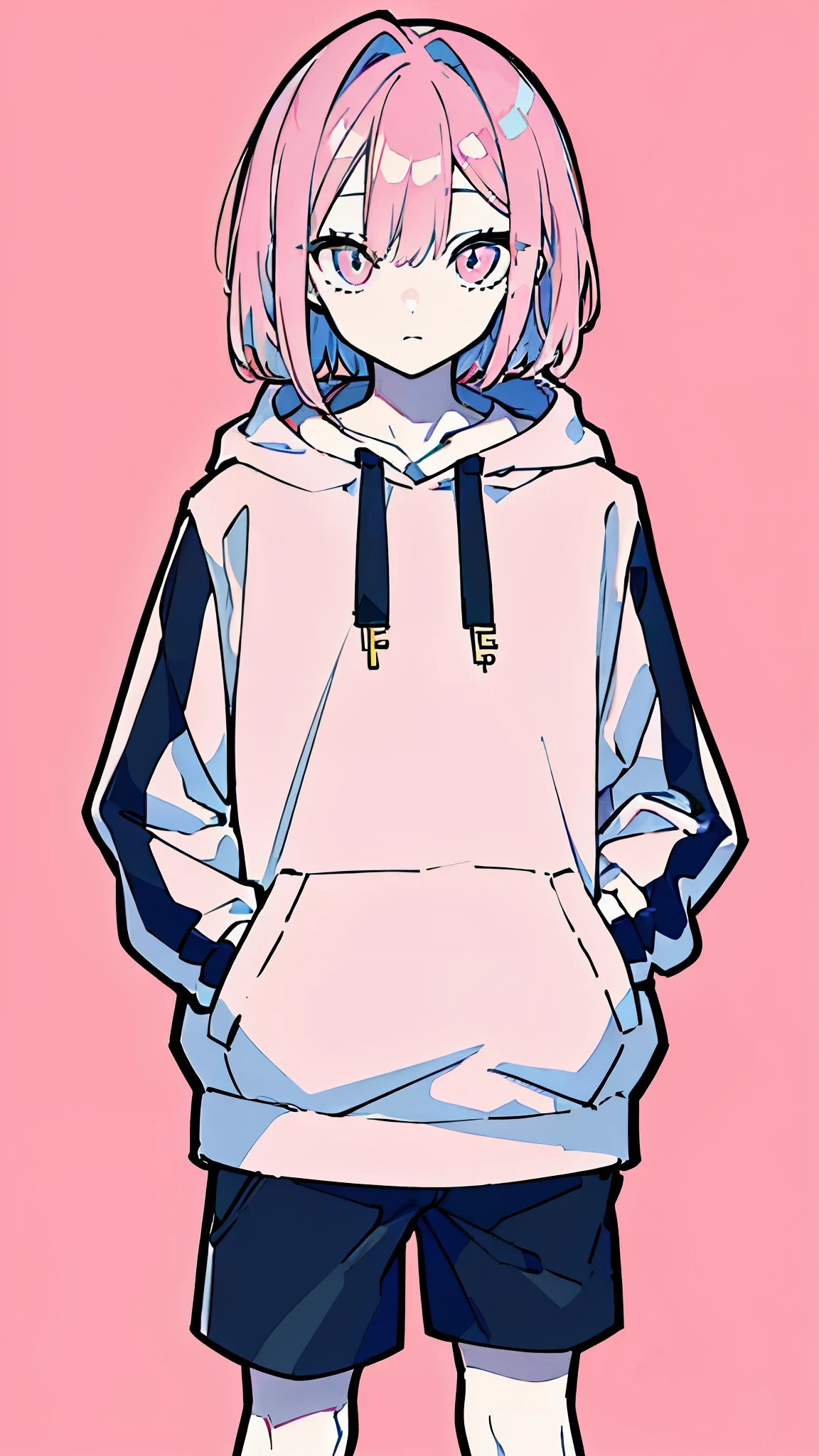 (masterpiece, highest quality:1.6), alone, thick outline, (simple background, light pink background, monochrome, light pink theme:1.2), official art, Key Visual, 8K, disorganized, whole body, (unique hair, Oversized Hoodies, hot pants, wearing a hood, arch back, short torso:1.2), belly button, thighs, cowboy shot, HDR, sharp focus, High resolution, most detailed, very detailed, Super detailed, finely, detailed eyes and face, sharp pupils, realistic student, solo, pink and white contrast, solo, hands in pockets