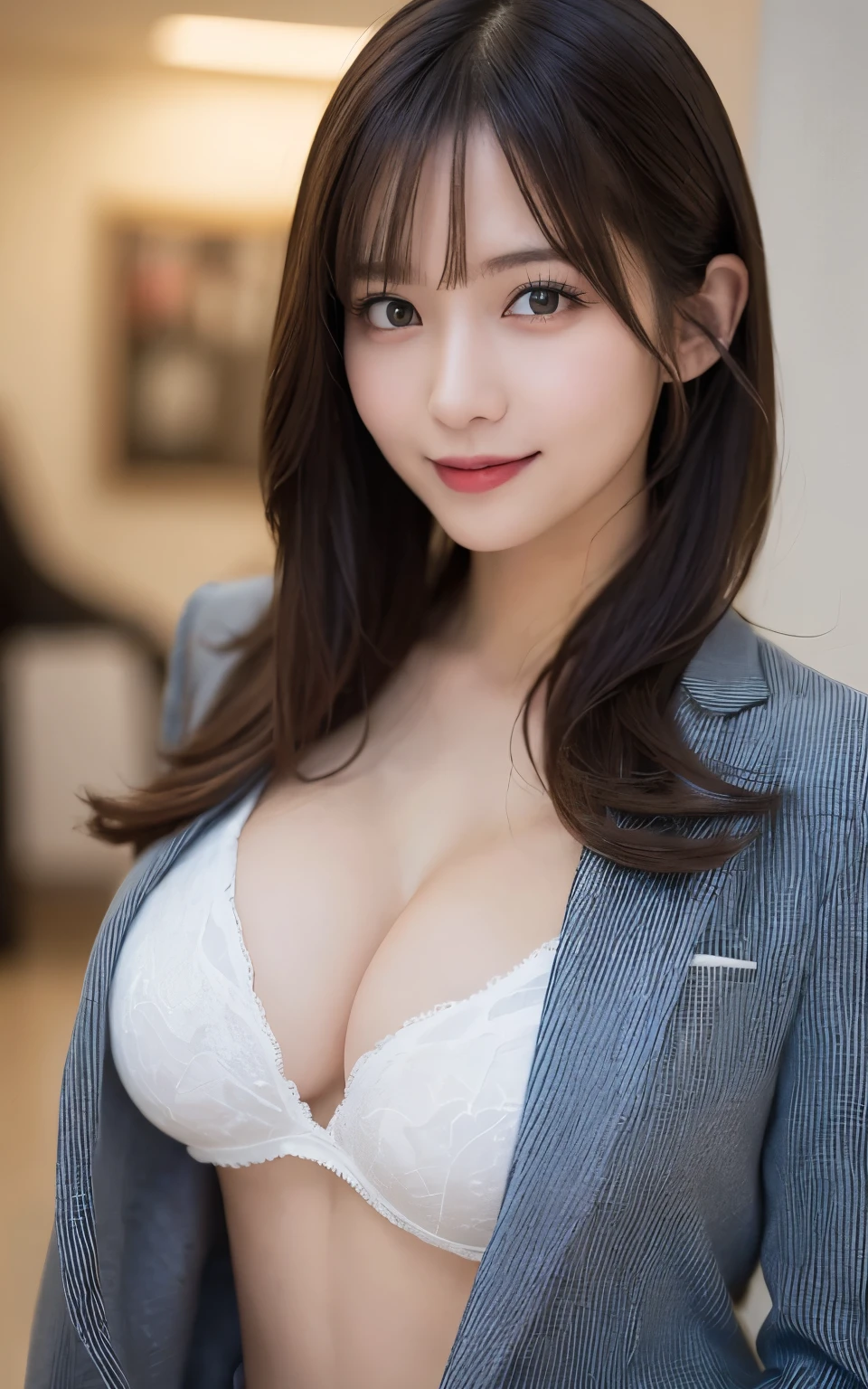 masutepiece, Best Quality, Illustration, Ultra-detailed, finely detail, hight resolution, 8K Wallpaper, Perfect dynamic composition, Beautiful detailed eyes, sexy underwear,Bob Hair, mid-chest, Natural Color Lip, Random and sexy poses,Smile,20 years girl、Colossal 、Suits、Suit jacket、A sexy、Nipple,Cowgirl