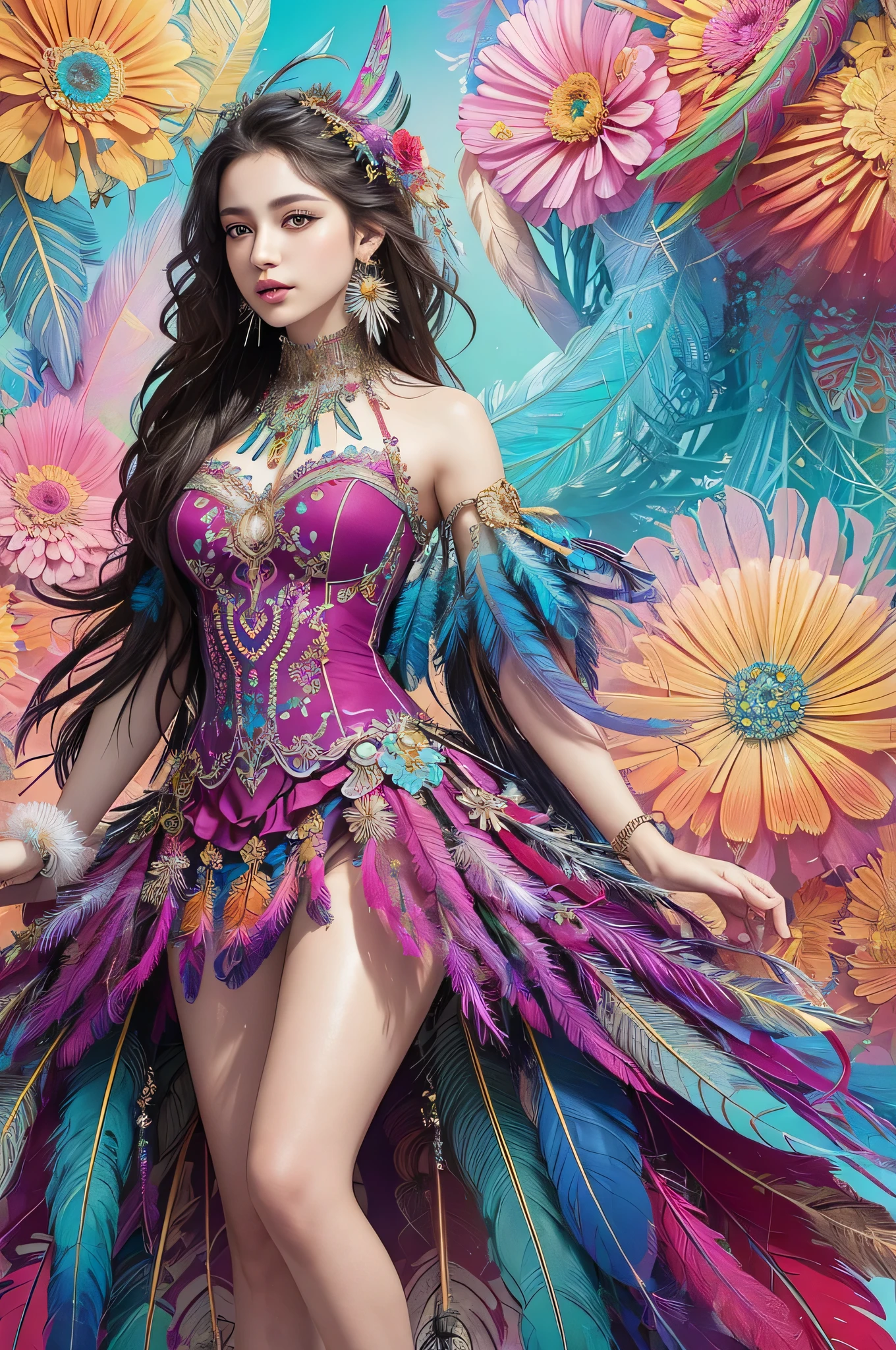 (masterpiece, top quality, Best quality, Official art, beautiful and aesthetically pleasing:1.2), (1 girl:1.3), extremely detailed,(fractal art:1.1),(Colorful:1.1)(flowers:1.3),As detailed as possible,(confuse:1.2), whole body, (Abstract background:1.3), (shiny skin), (many colors:1.4), ,(earrings), (Feathers:1.5),