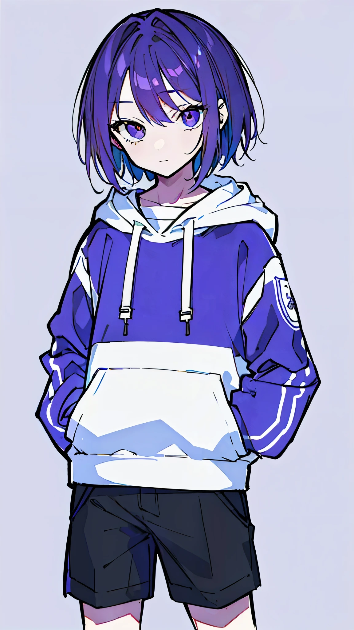 (masterpiece, highest quality:1.6), alone, thick outline, (simple background, light purple background, monochrome, light purple theme:1.2), official art, Key Visual, 8K, disorganized, whole body, (unique hair, Oversized Hoodies, hot pants, wearing a hood, arch back, short torso:1.2), belly button, thighs, cowboy shot, HDR, sharp focus, High resolution, most detailed, very detailed, Super detailed, finely, detailed eyes and face, sharp pupils, realistic student, solo, contrast between purple and white, solo, hands in pockets