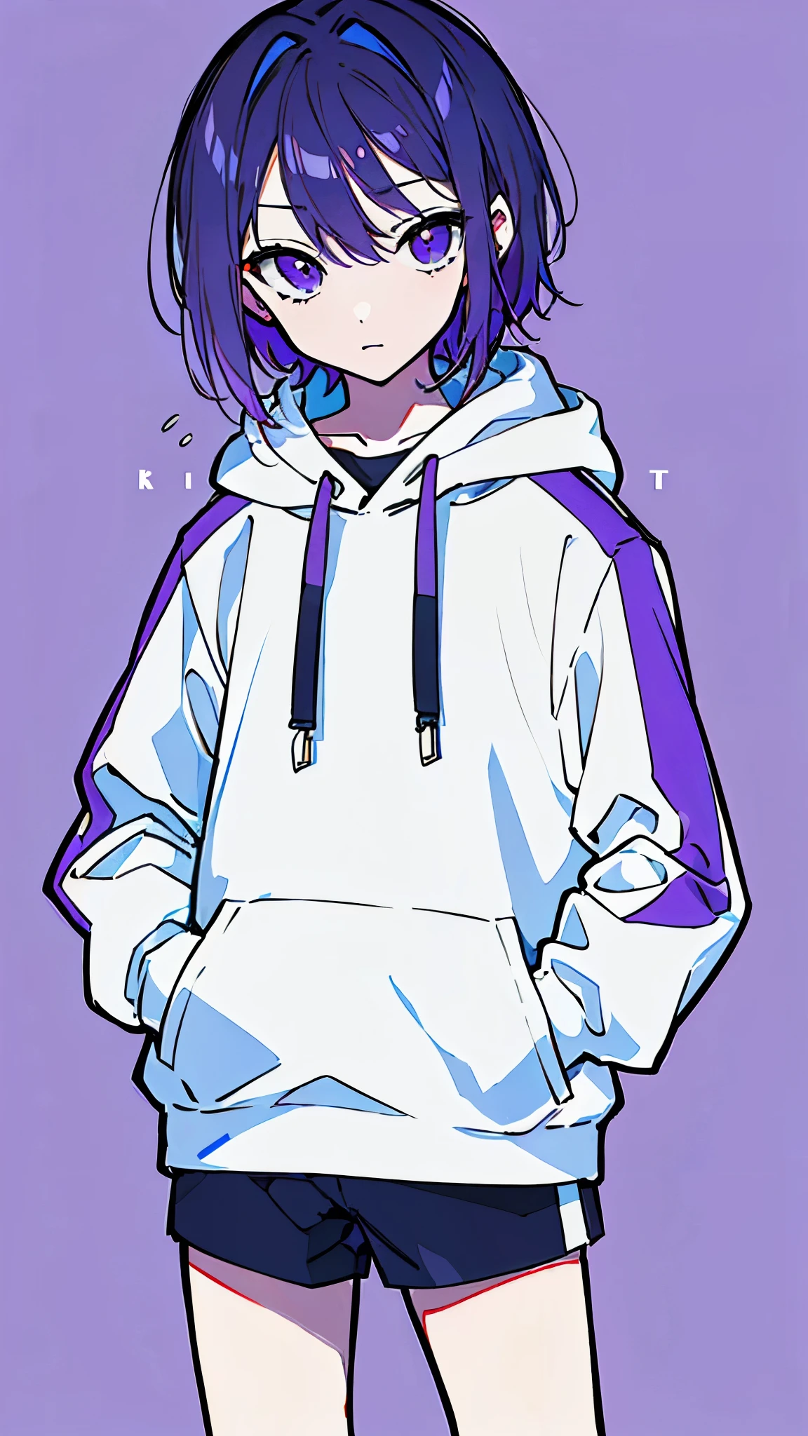 (masterpiece, highest quality:1.6), alone, thick outline, (simple background, light purple background, monochrome, light purple theme:1.2), official art, Key Visual, 8K, disorganized, whole body, (unique hair, Oversized Hoodies, hot pants, wearing a hood, arch back, short torso:1.2), belly button, thighs, cowboy shot, HDR, sharp focus, High resolution, most detailed, very detailed, Super detailed, finely, detailed eyes and face, sharp pupils, realistic student, solo, contrast between purple and white, solo, hands in pockets
