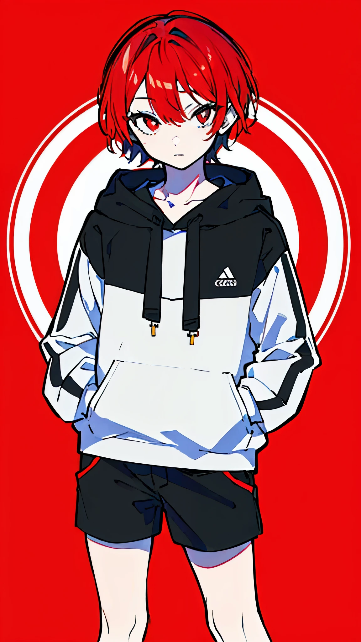 (masterpiece, highest quality:1.6), alone, thick outline, (simple background, bright red background, monochrome, bright red theme:1.2), official art, Key Visual, 8K, disorganized, whole body, (unique hair, Oversized Hoodies, hot pants, wearing a hood, arch back, short torso:1.2), belly button, thighs, cowboy shot, HDR, sharp focus, High resolution, most detailed, very detailed, Super detailed, finely, detailed eyes and face, sharp pupils, realistic student, solo, contrast between red and white, solo, hands in pockets