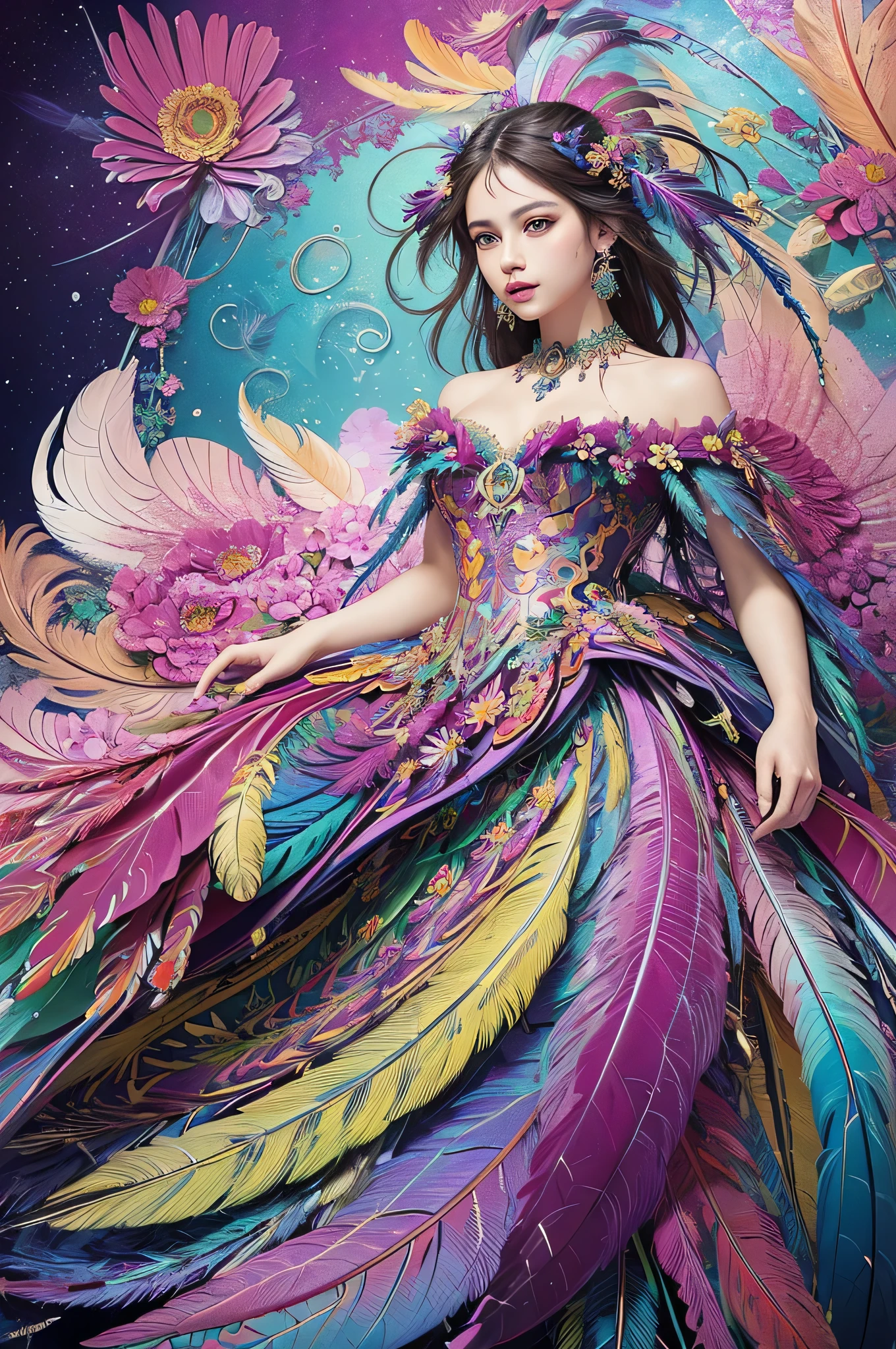 (masterpiece, top quality, Best quality, Official art, beautiful and aesthetically pleasing:1.2), (1 girl:1.3), extremely detailed,(fractal art:1.1),(Colorful:1.1)(flowers:1.3),As detailed as possible,(confuse:1.2), whole body, (Abstract background:1.3), (shiny skin), (many colors:1.4), ,(earrings), (Feathers:1.5),