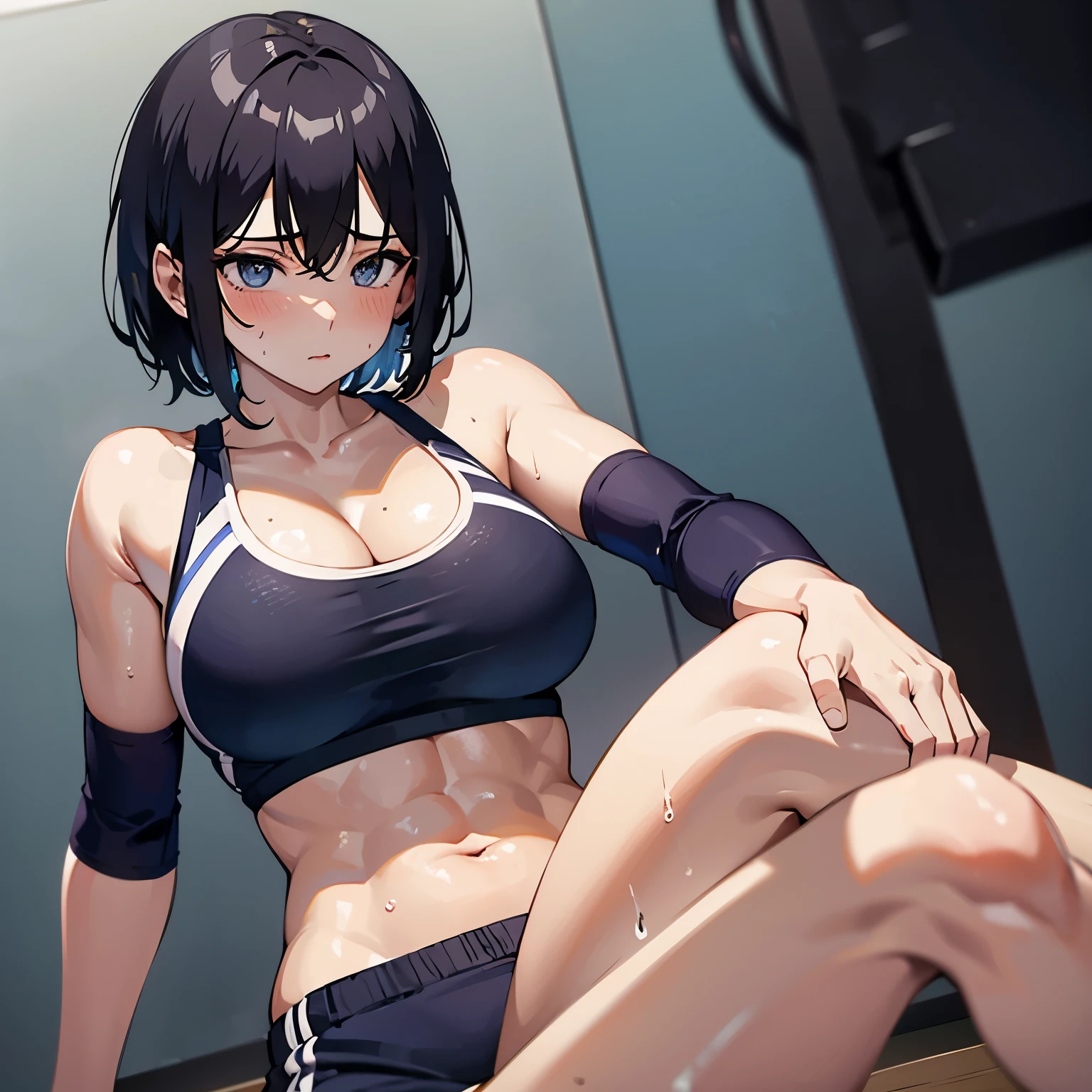 Wearing revealing sports clothes short hair cleavage pretty girl at the gym Drenched in sweat
