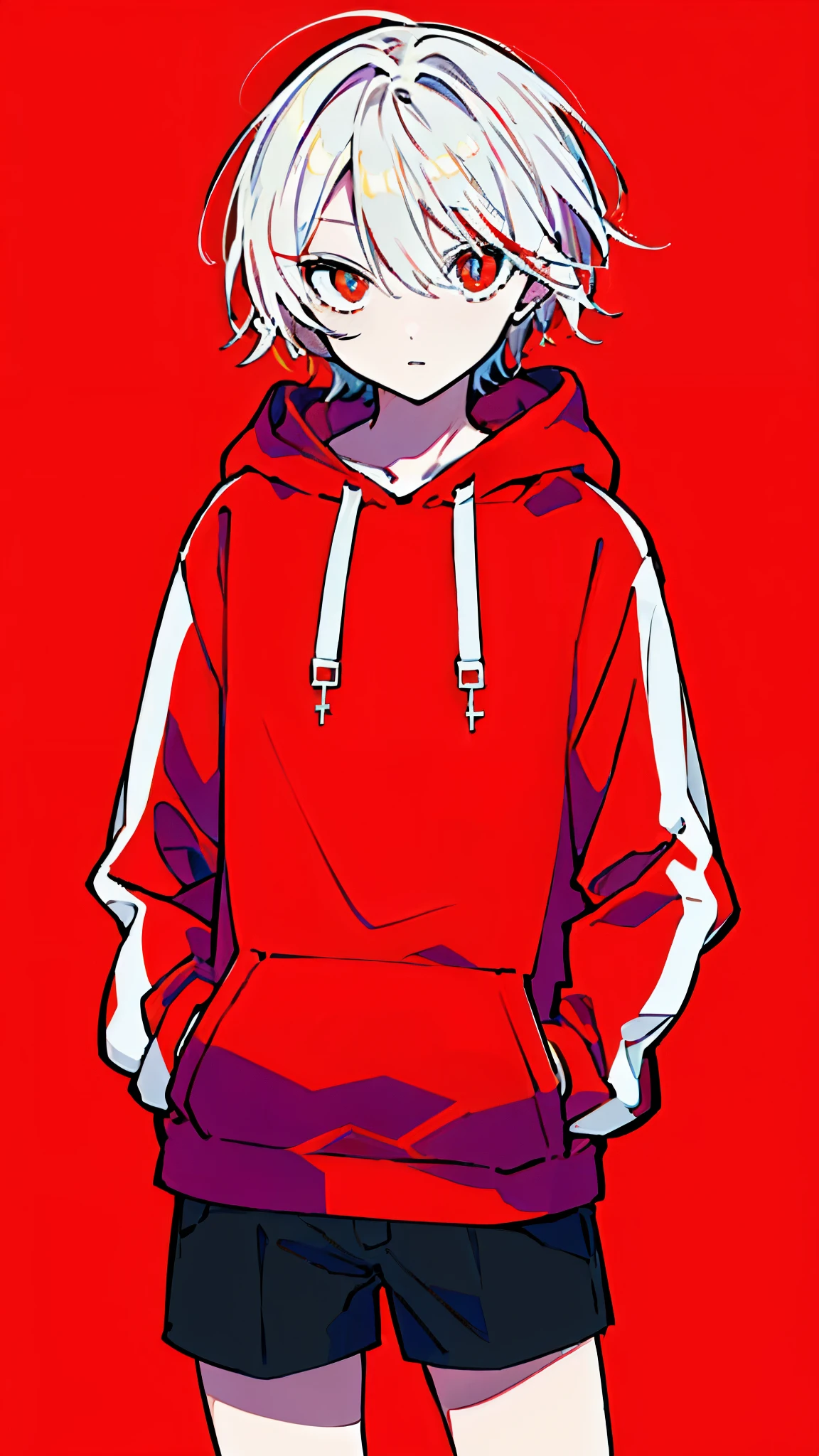 (masterpiece, highest quality:1.6), alone, thick outline, (simple background, bright red background, monochrome, bright red theme:1.2), official art, Key Visual, 8K, disorganized, whole body, (unique hair, Oversized Hoodies, hot pants, wearing a hood, arch back, short torso:1.2), belly button, thighs, cowboy shot, HDR, sharp focus, High resolution, most detailed, very detailed, Super detailed, finely, detailed eyes and face, sharp pupils, realistic student, solo, contrast between red and white, solo, hands in pockets