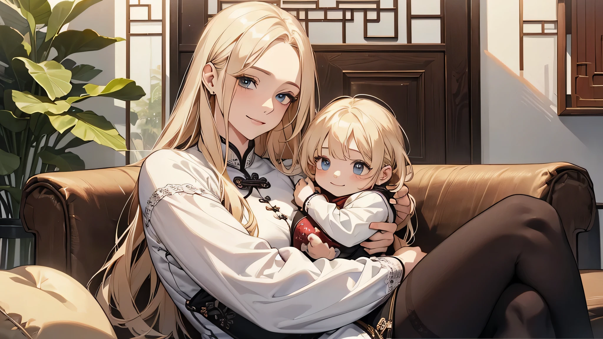 (A 30-year-old mature woman wearing white clothes and black tights, with long blonde hair, sitting in a living room in rural China, holding a in her arms: 1.6) ((Holding a 1-month-old baby in her arms: 1.9)) (smiling expression on her face, looking at the camera: 1.5) (single, mature woman: 1.8) (face close-up: 1.5), perfect face, perfect body, detailed eyes, detailed face