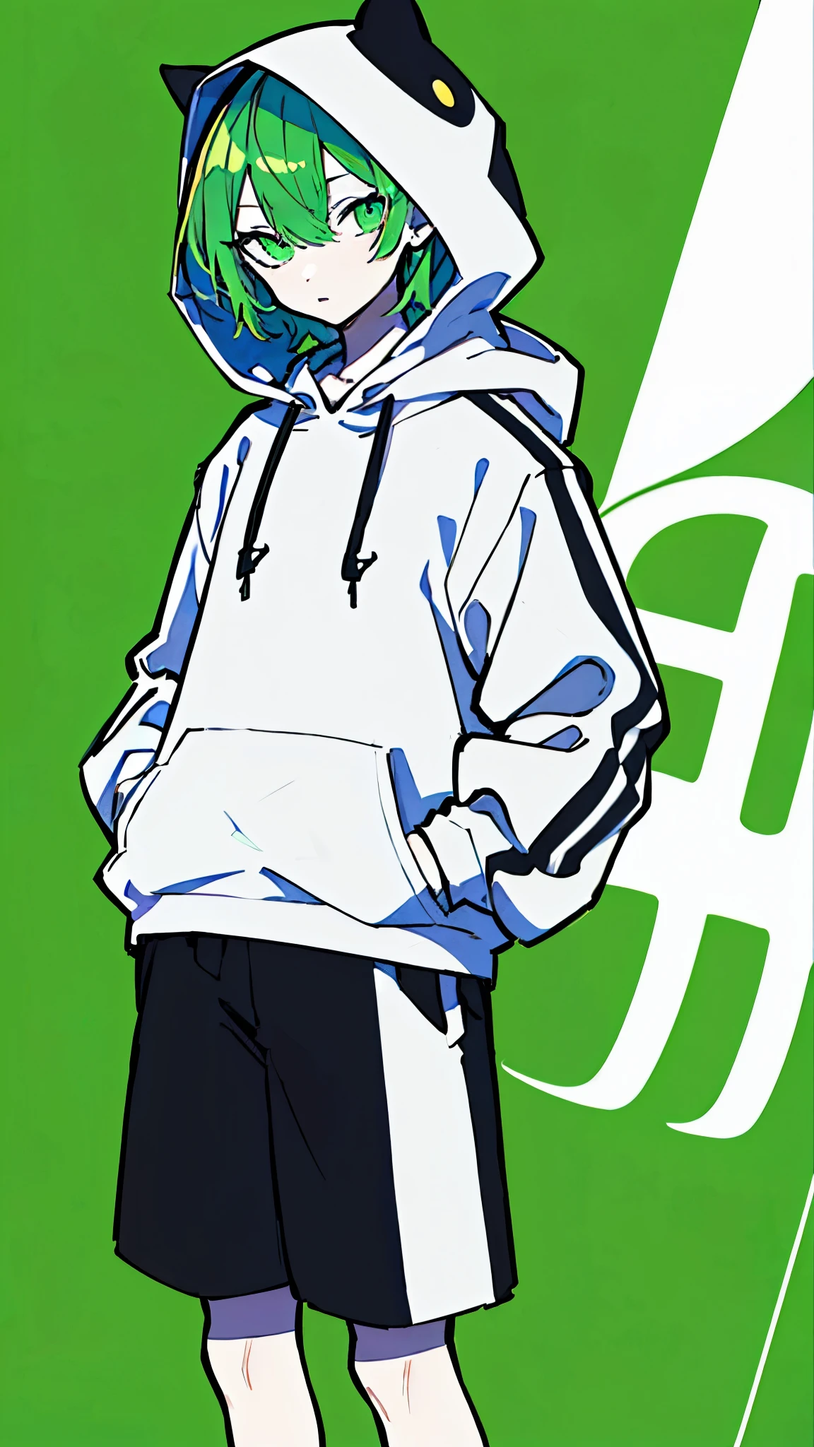 (masterpiece, highest quality:1.6), alone, thick outline, (simple background, light green background, monochrome, light green theme:1.2), official art, Key Visual, 8K, disorganized, whole body, (unique hair, Oversized Hoodies, hot pants, wearing a hood, arch back, short torso:1.2), belly button, thighs, cowboy shot, HDR, sharp focus, High resolution, most detailed, very detailed, Super detailed, finely, detailed eyes and face, sharp pupils, realistic student, solo, green and white contrast, solo, hands in pockets