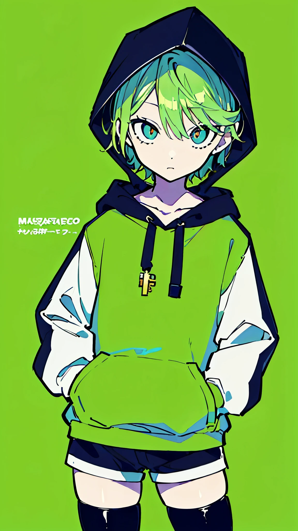 (masterpiece, highest quality:1.6), alone, thick outline, (simple background, light green background, monochrome, light green theme:1.2), official art, Key Visual, 8K, disorganized, whole body, (unique hair, Oversized Hoodies, hot pants, wearing a hood, arch back, short torso:1.2), belly button, thighs, cowboy shot, HDR, sharp focus, High resolution, most detailed, very detailed, Super detailed, finely, detailed eyes and face, sharp pupils, realistic student, solo, green and white contrast, solo, hands in pockets