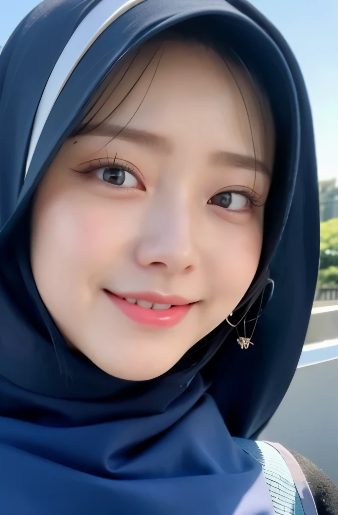 Wear hijab blue collor, ((Best quality, 8k, Masterpiece :1.37)), position:sitting, face looking at the camera holding a smart phone, ( women in hijab), women in hijab blue, style model, ( women in hijab), beautiful face, Beautiful detailed eyes, Korean eyes, nose detail, Natural Lips, 18 year old girl, black hair, very detailed face, ultra detailed body, slim body, detailed big breasts, detailed hairy vagina, Wearing Muslim hijab , luxurious jubba thobbe, blue sky view, slim body, realistic face, women wearing hijabs, smiling face