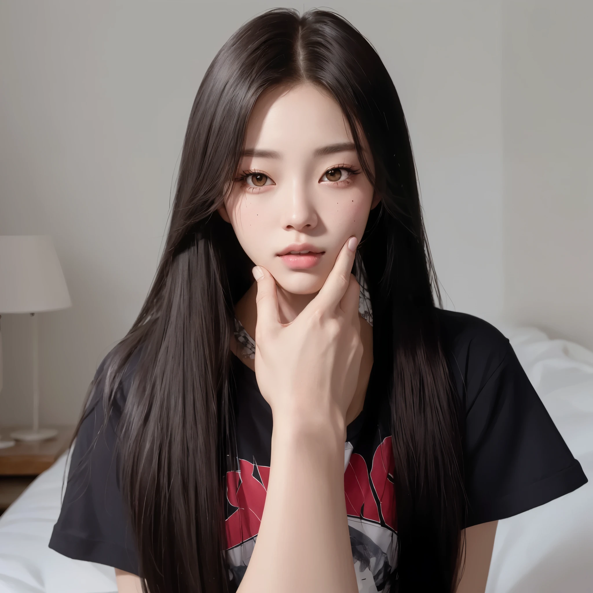Hay una mujer con el pelo largo sentada en una cama, retrato de jossi de blackpink, obra de arte al estilo de guweiz, hasta el modelo | germen de arte, jennie rosa negro, female korean idol portrait, muchacha coreana, fotorrealista!!!!!!! Estilo de Arte, pintura realista linda chica, artista coreano, estilo anime realista 3d, jaeyeon nam, realistic art style