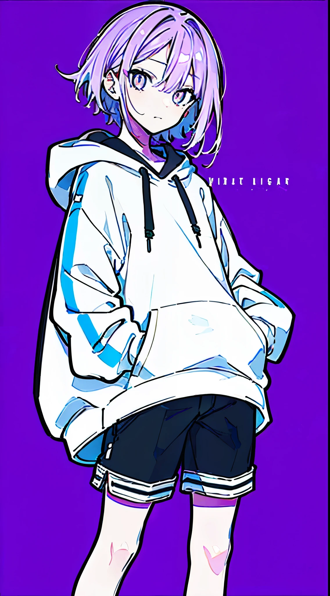 (masterpiece, highest quality:1.6), alone, thick outline, (simple background, light purple background, monochrome, light purple theme:1.2), official art, Key Visual, 8K, disorganized, whole body, (unique hair, Oversized Hoodies, hot pants, arch back, short torso:1.2), belly button, thighs, cowboy shot, HDR, sharp focus, High resolution, most detailed, very detailed, Super detailed, finely, detailed eyes and face, sharp pupils, realistic student, solo, contrast between purple and white, solo, hands in pockets